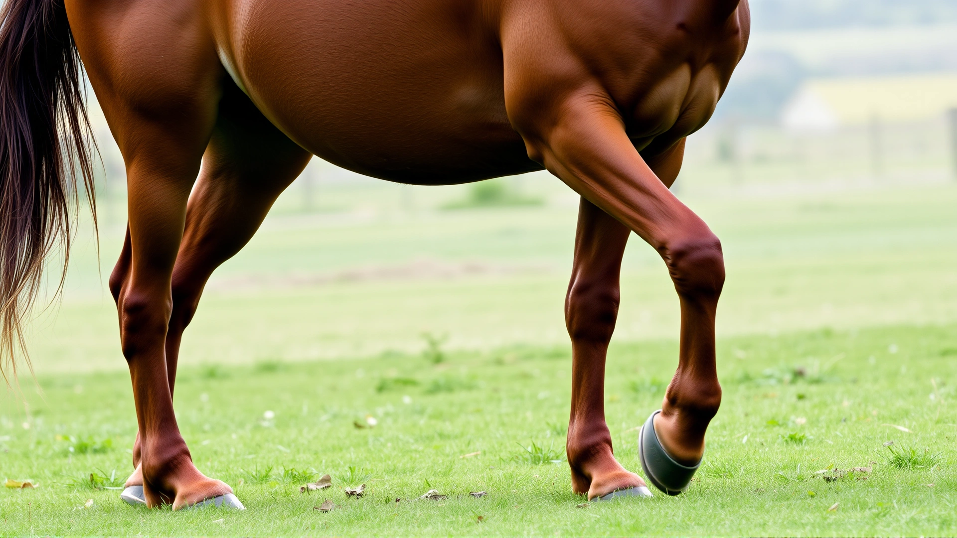 Chestnut horse stumbling slightly while walking across a green pasture, illustrating ataxia and loss of balance.