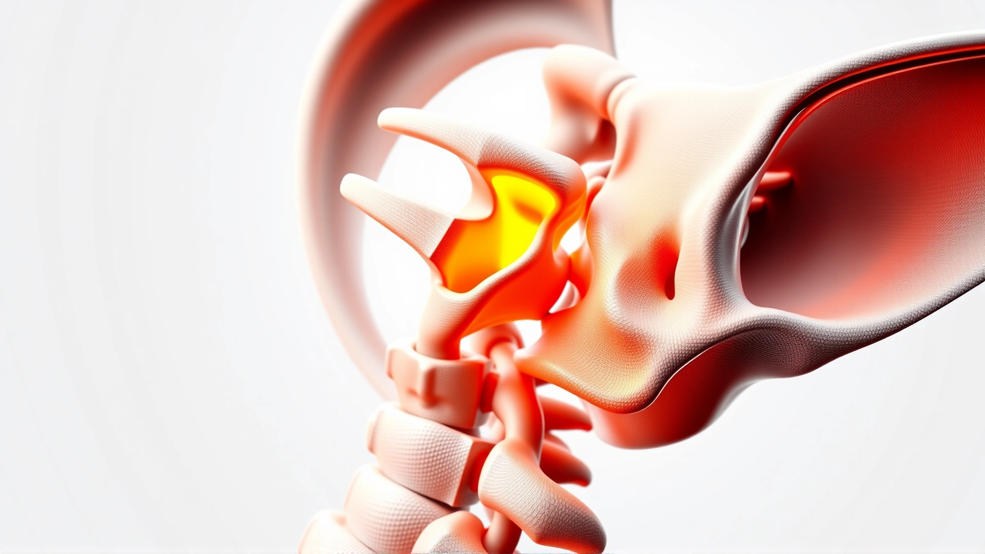 Detailed 3D medical illustration of a cat cervical spine highlighting C1 and C2 vertebrae in color, white background