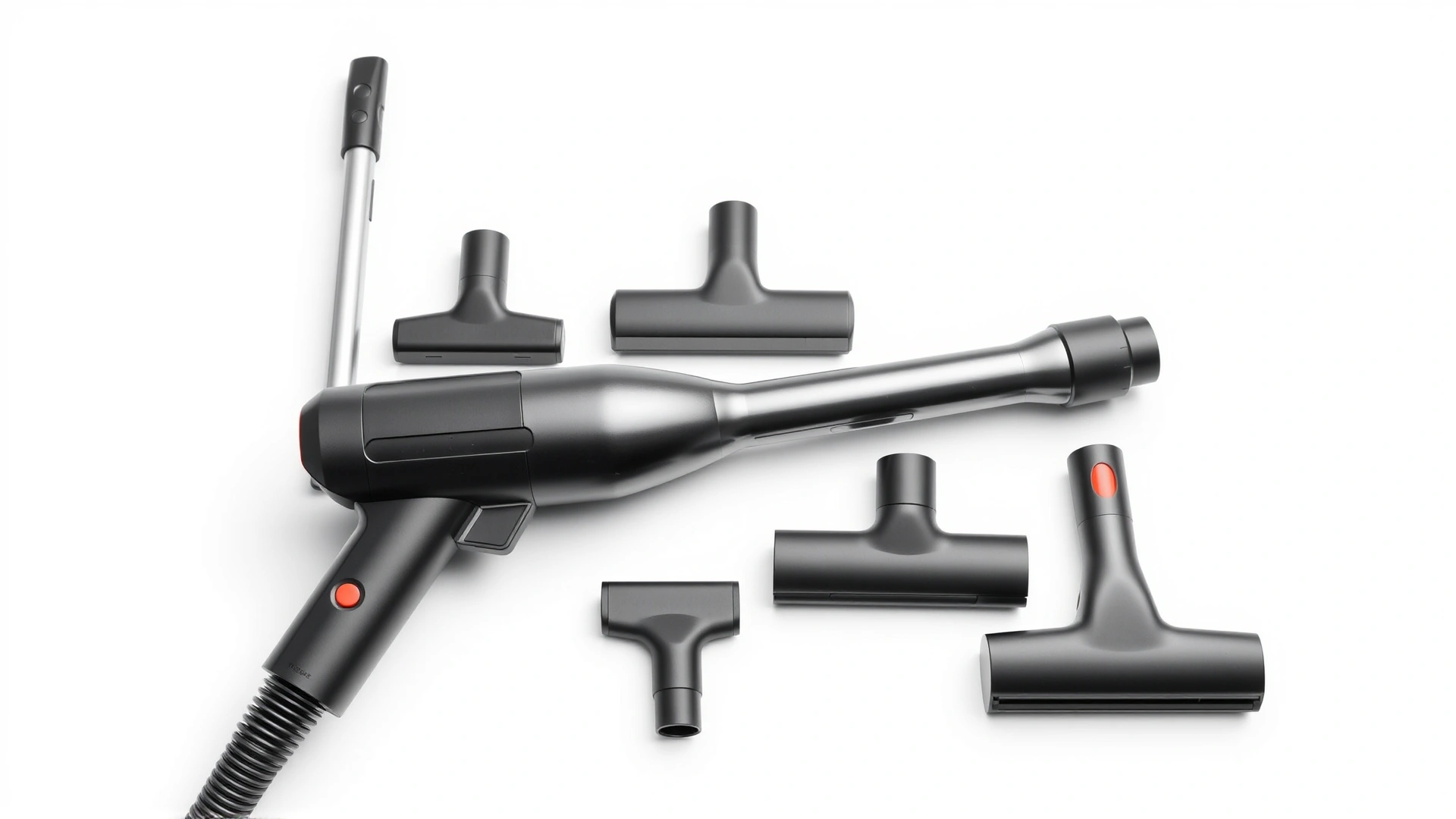 Neatly arranged set of specialized pet-hair vacuum attachments on a white background.