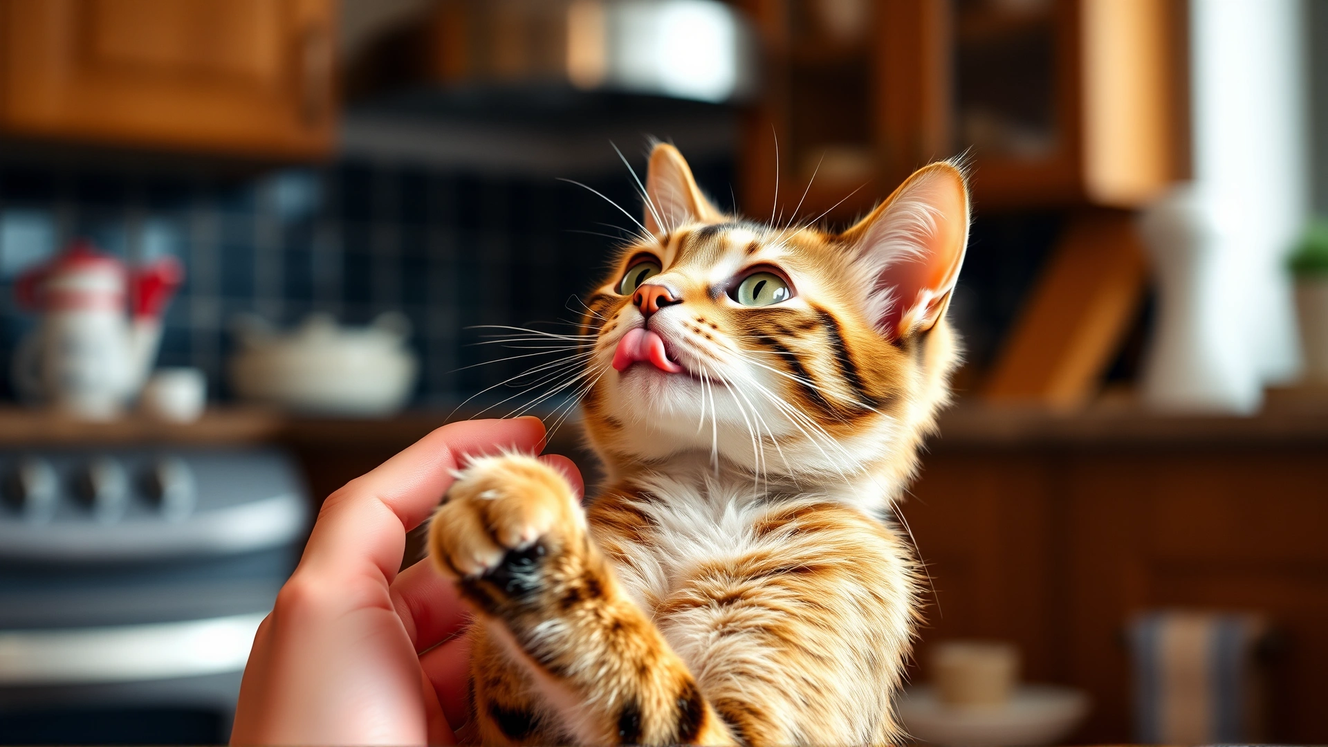 Playful cat standing on hind legs, gently licking its owner's fingers while looking up expectantly in a kitchen setting.