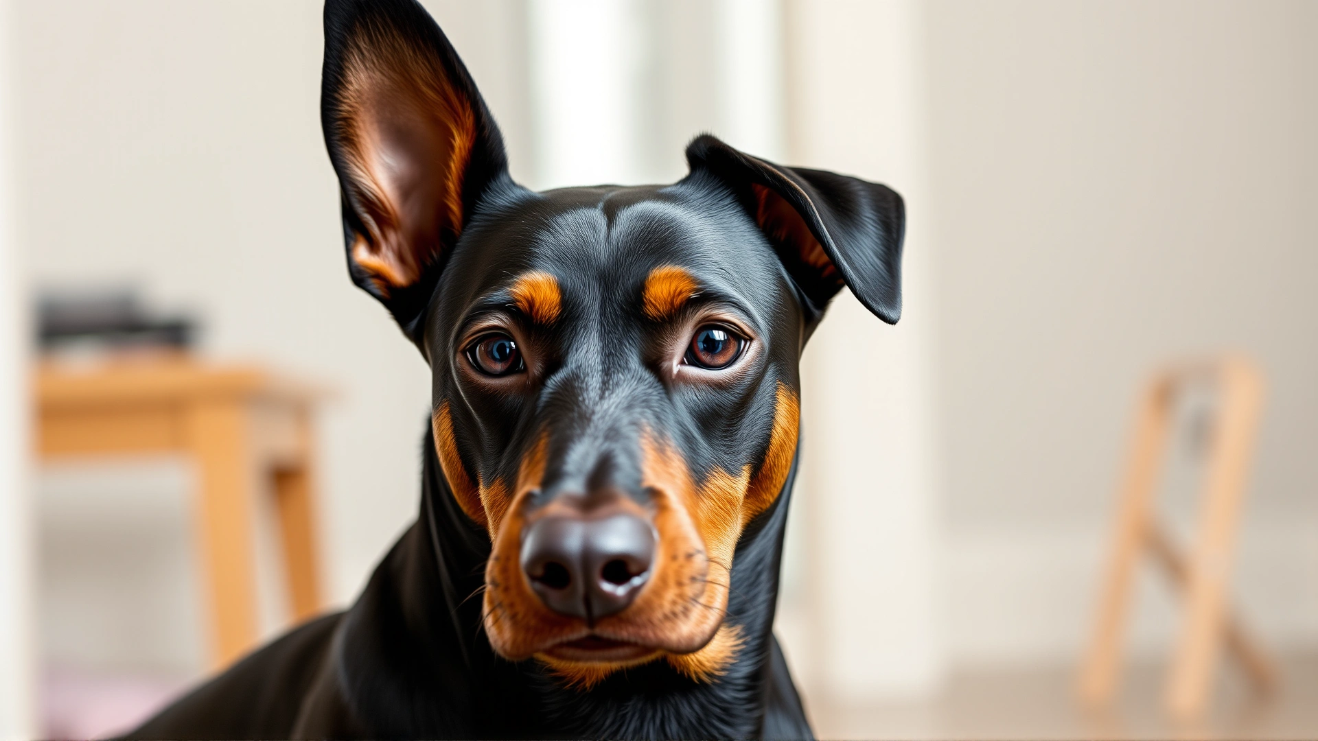 Close-up portrait of a German Pinscher sitting indoors with an alert expression, showcasing intelligent dark eyes and sleek coat.