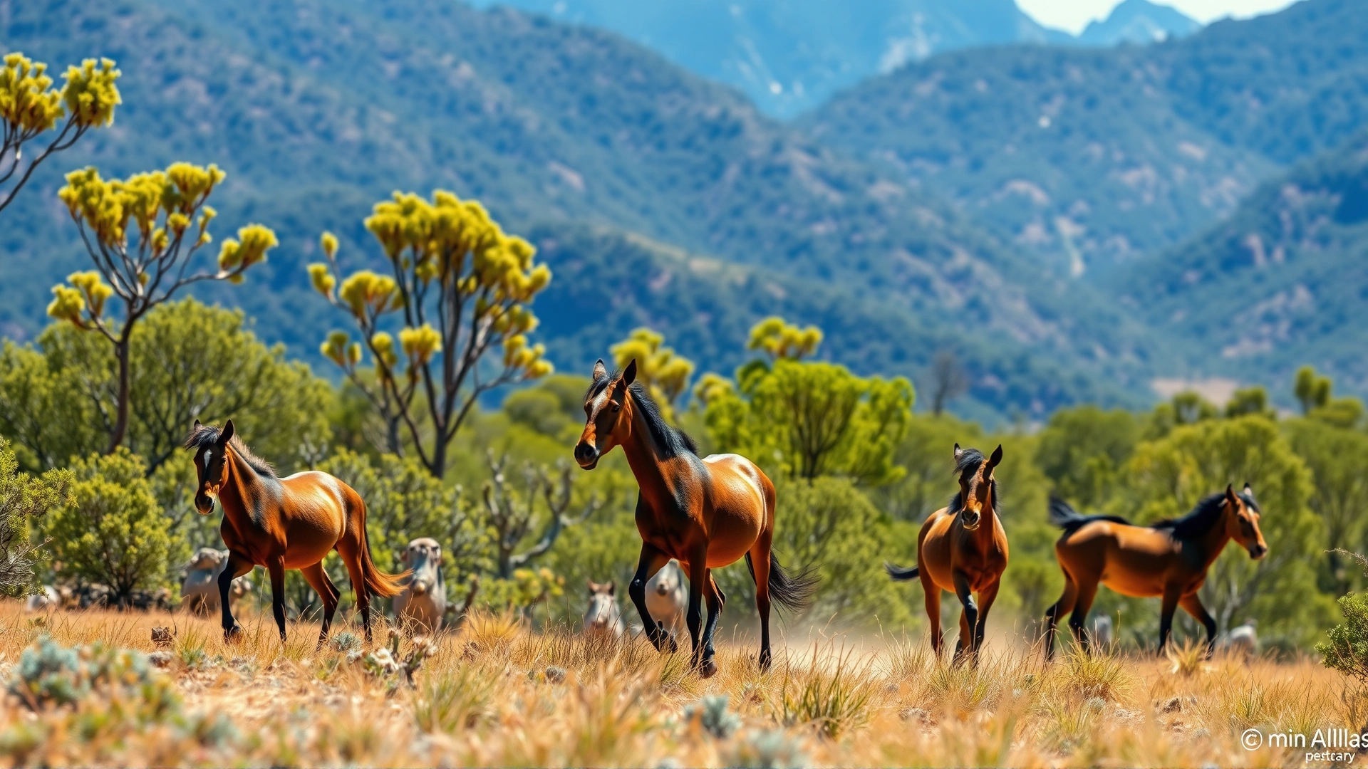 Group of Australian brumbies traversing a eucalyptus woodland with mountains in the background, sunny day, no text
