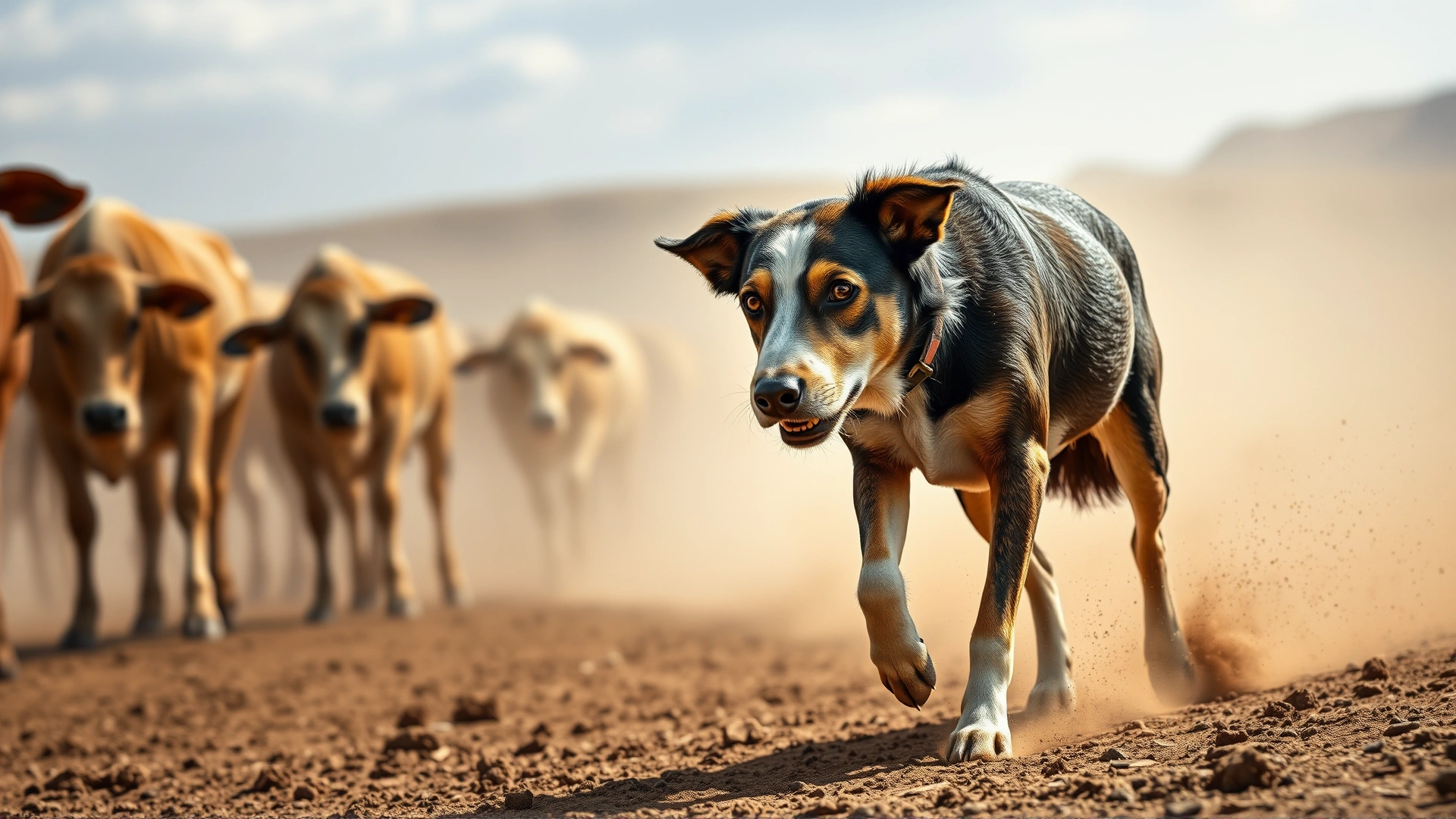 Australian Cattle Dog nipping at the heels of cattle while herding on a dusty ranch.