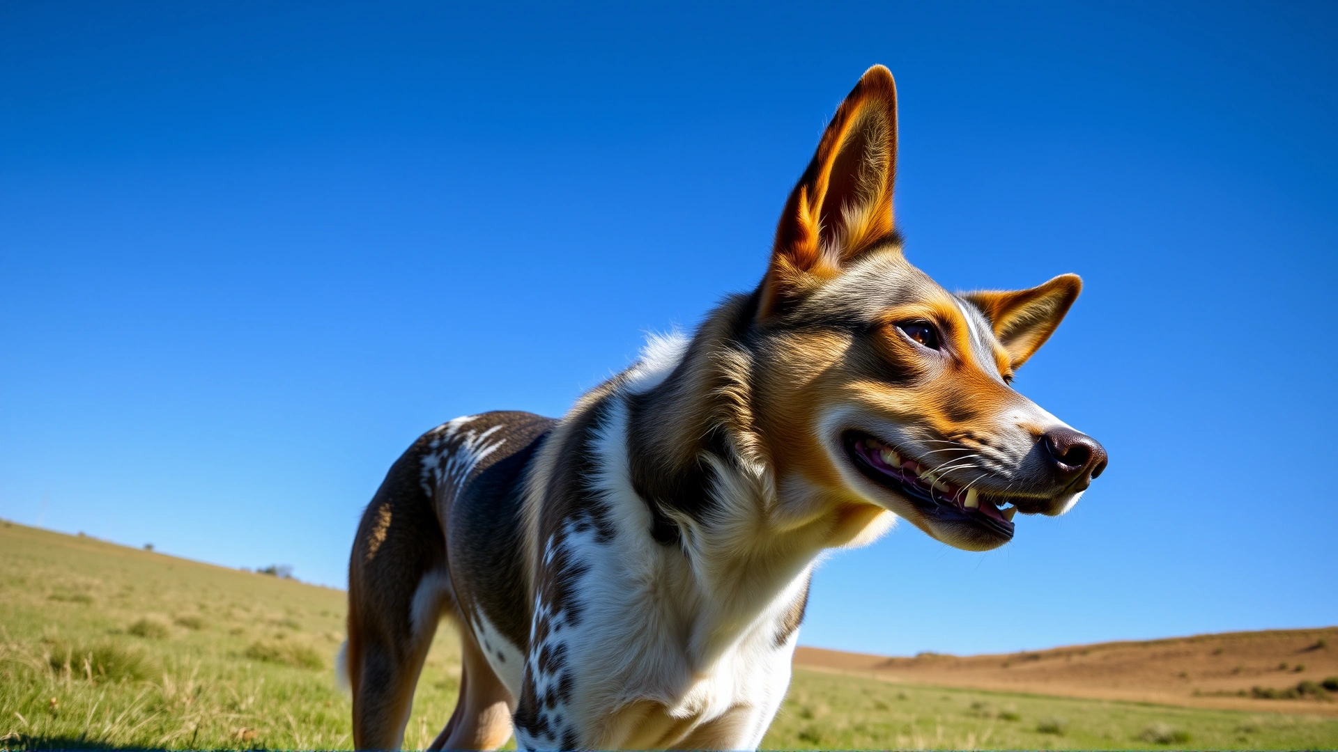 Close-up of an alert Australian Cattle Dog standing in an open ranch field under a clear blue sky.