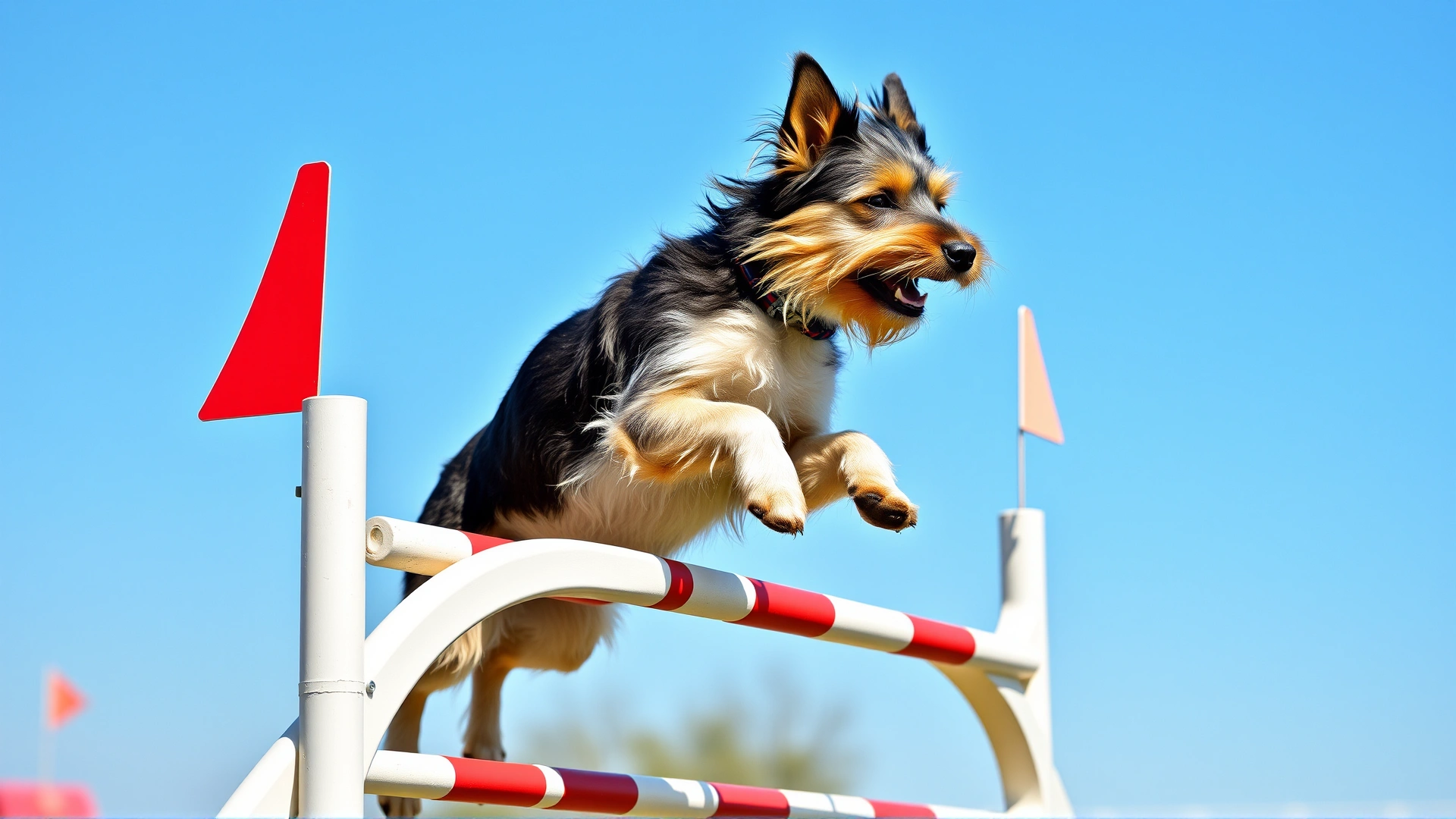 Australian Terrier leaping over an agility hurdle on an outdoor agility course, clear blue sky background.