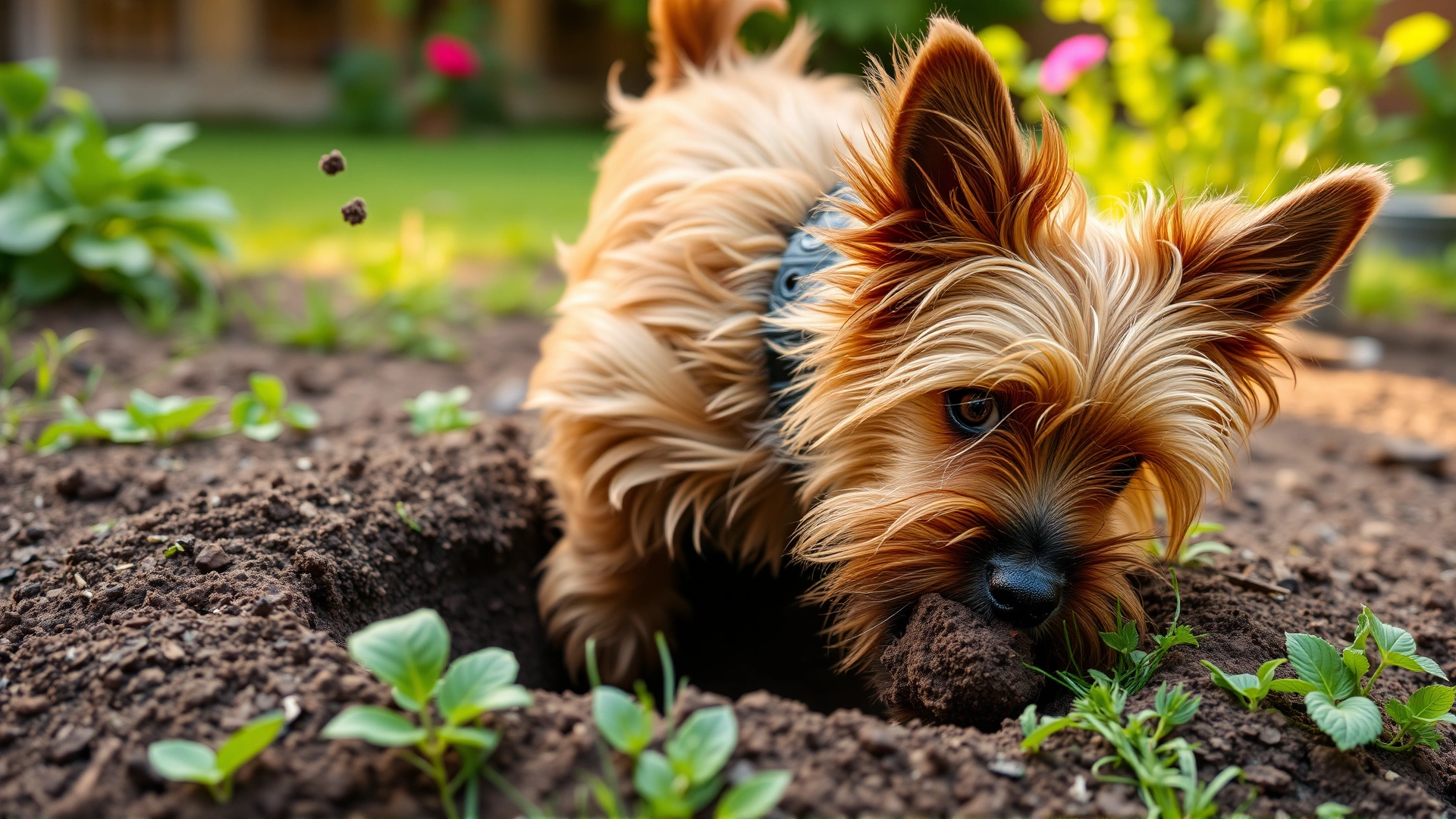 Australian Terrier enthusiastically digging a hole in a backyard garden, dirt flying around.