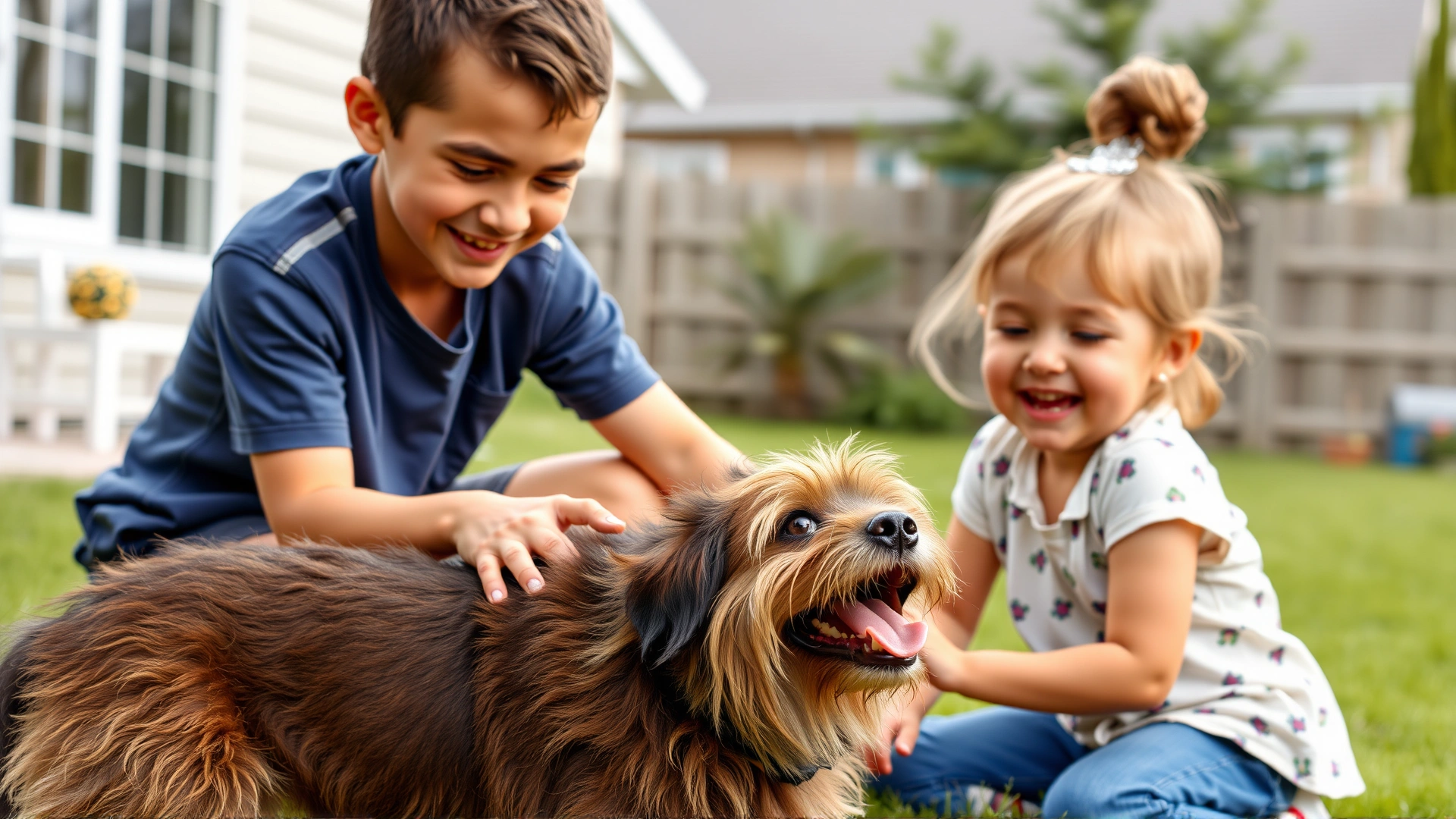 Family with two children playing with an Australian Terrier in a suburban backyard, candid and cheerful atmosphere.