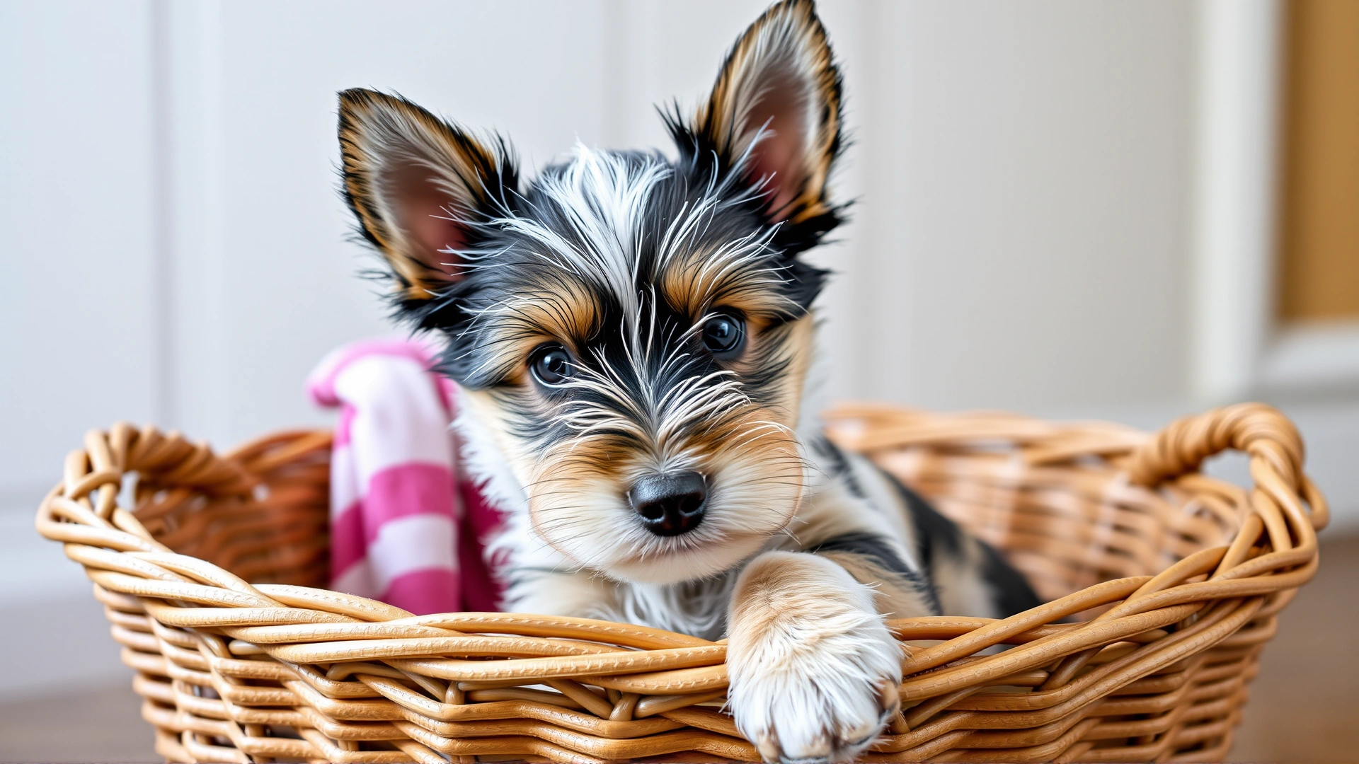 Cute Australian Terrier puppy sitting in a woven basket, looking curiously at the camera, indoor soft lighting.