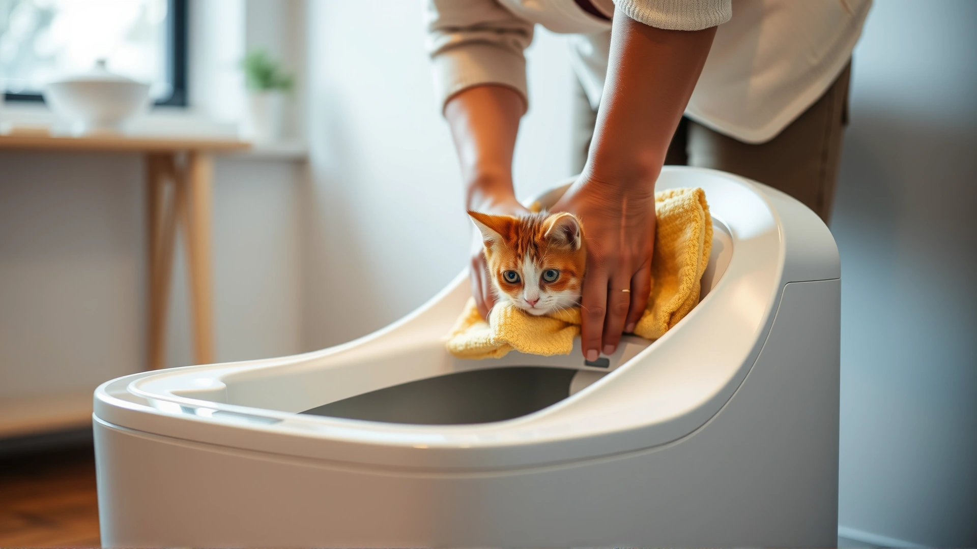 Person inspecting and wiping down a self-cleaning automatic litter box