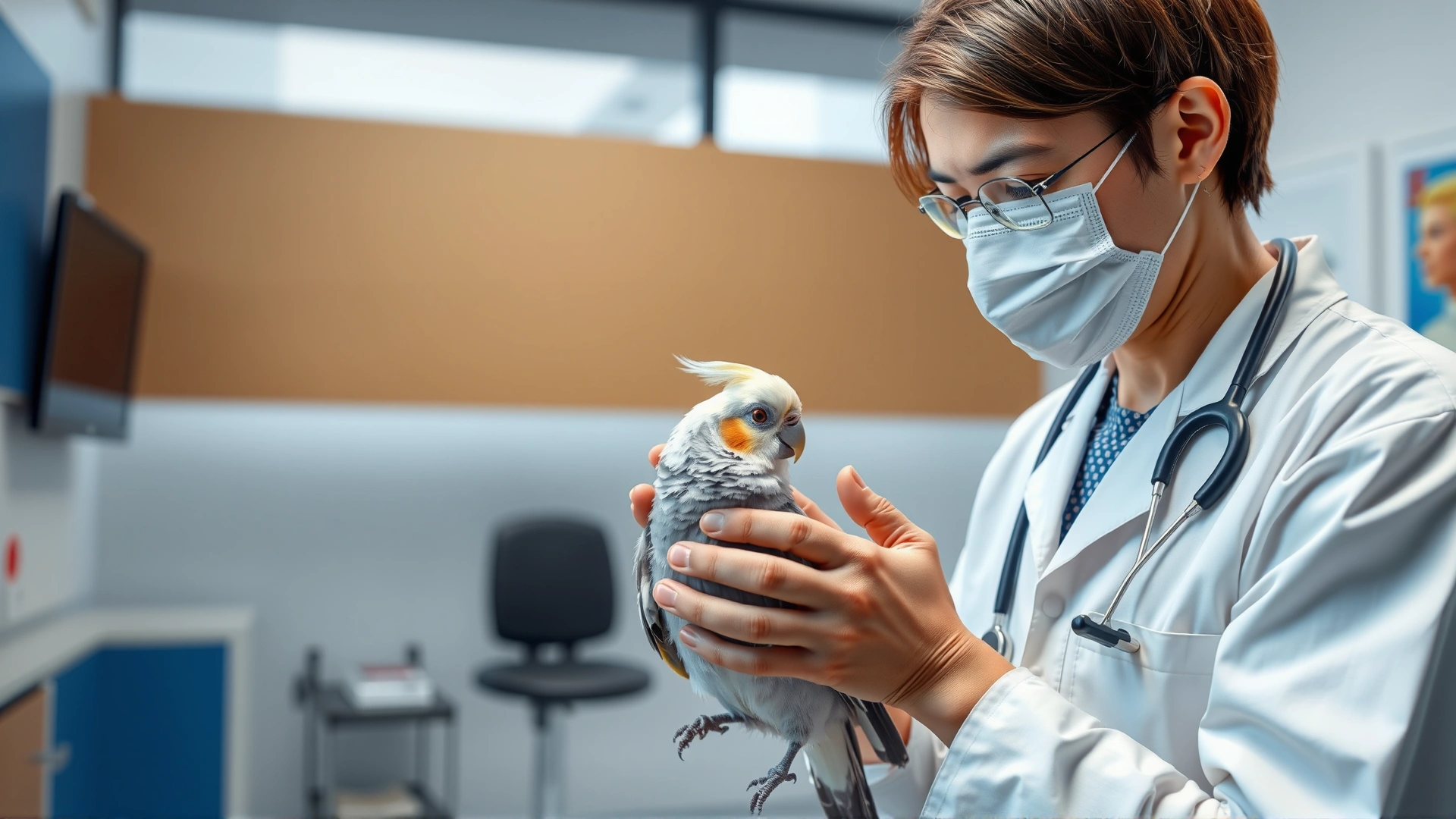 Avian veterinarian gently examining a cockatiel in a modern clinic, both bird and vet appear calm and comfortable.