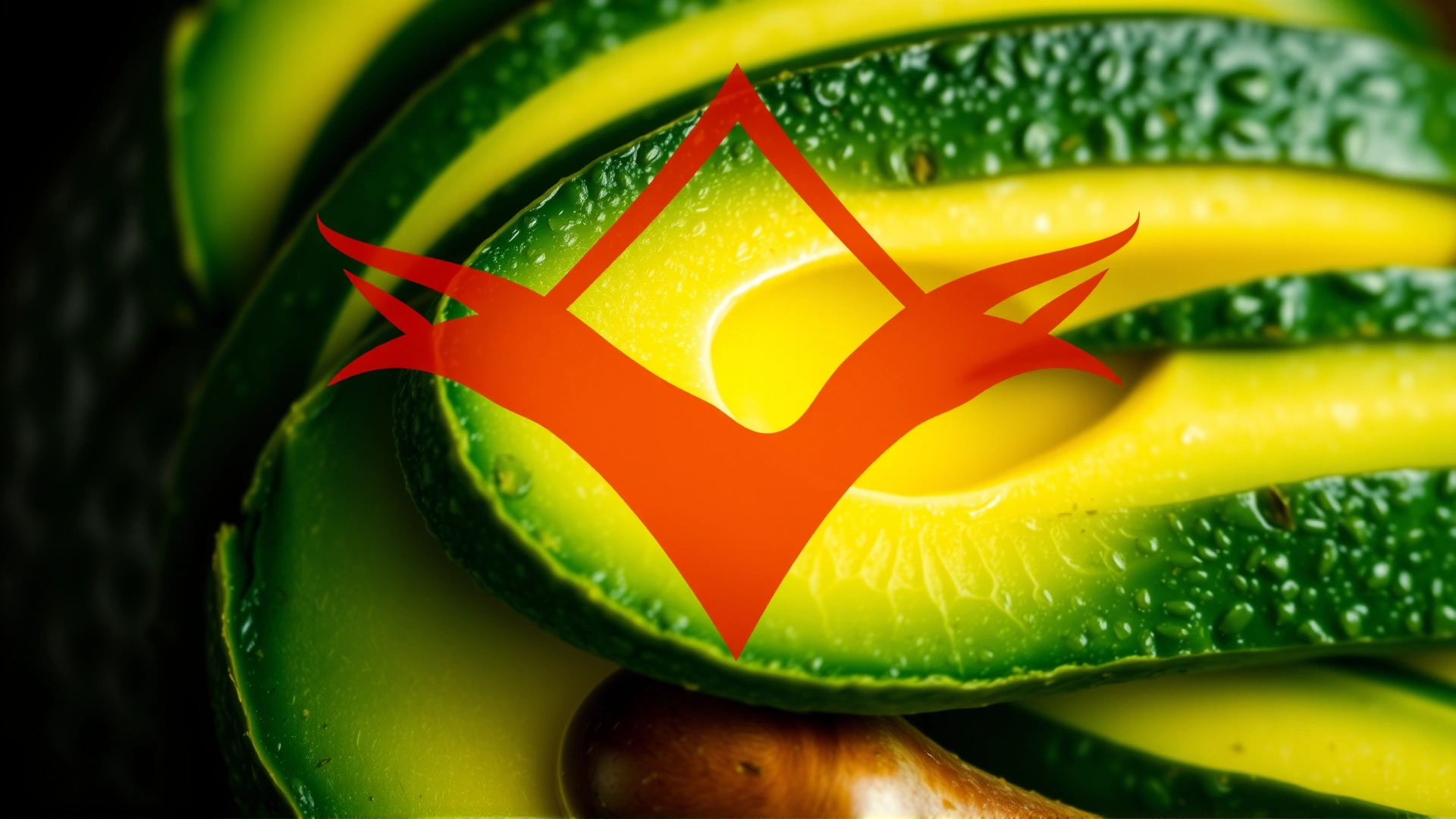 Macro shot of sliced avocado with a big red warning symbol overlay, emphasizing danger to birds.
