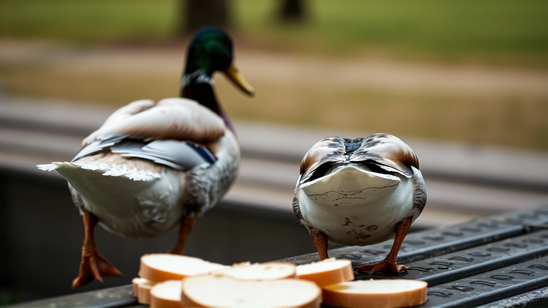 Image of a duck turning away from a pile of sliced white bread on a park bench, subtle depth of field, bread in foreground, duck in focus.