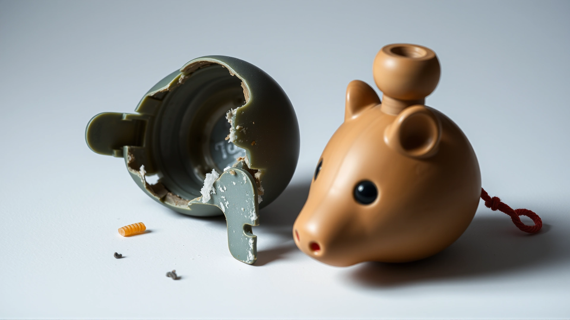 Discarded broken plastic hamster toy with sharp edges placed beside safe wooden toy for contrast – cautionary illustrative shot