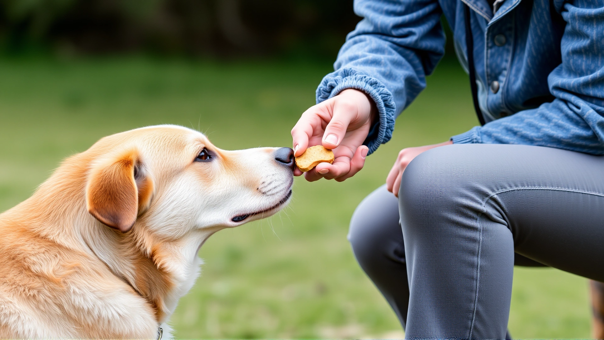 Close-up of trainer holding a treat near a dog’s nose while the dog begins to sit, clearly showing that the trainer is not pushing the dog’s hips