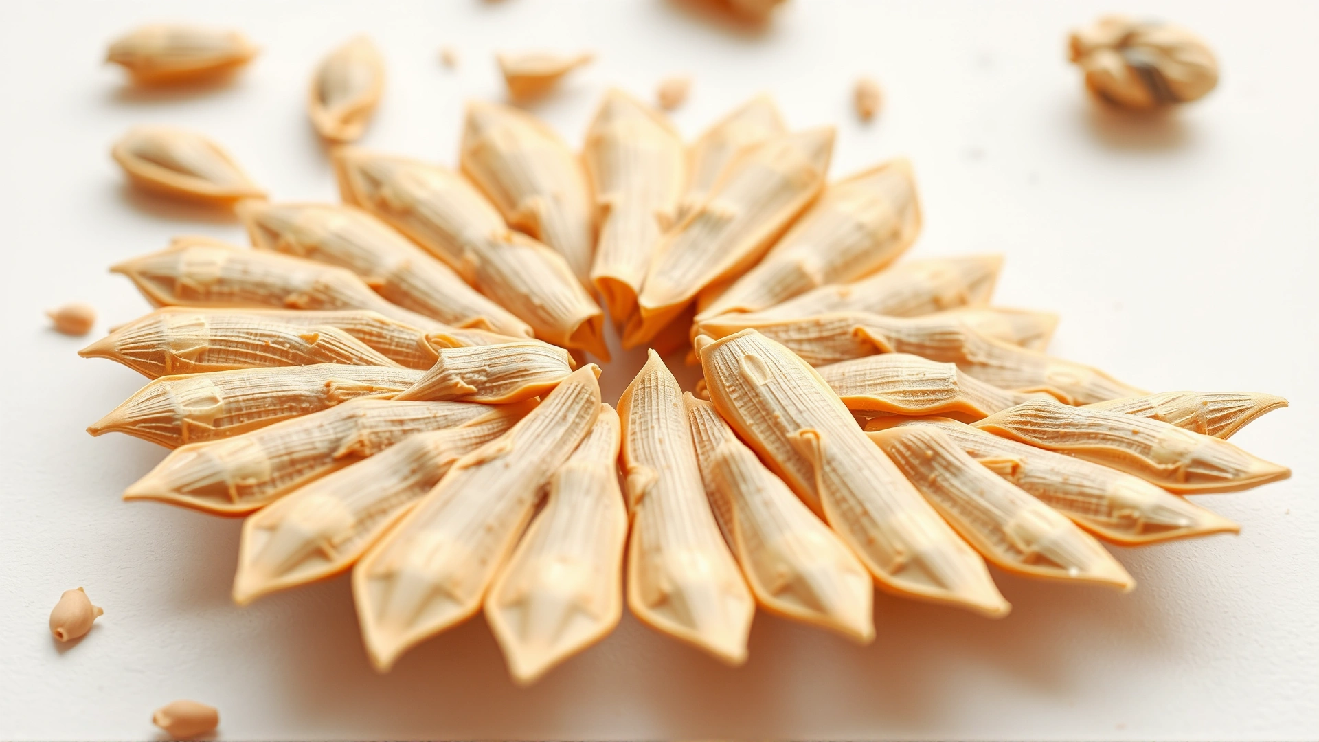 Close-up of broken sunflower seed shells lying on a white background, demonstrating sharp edges