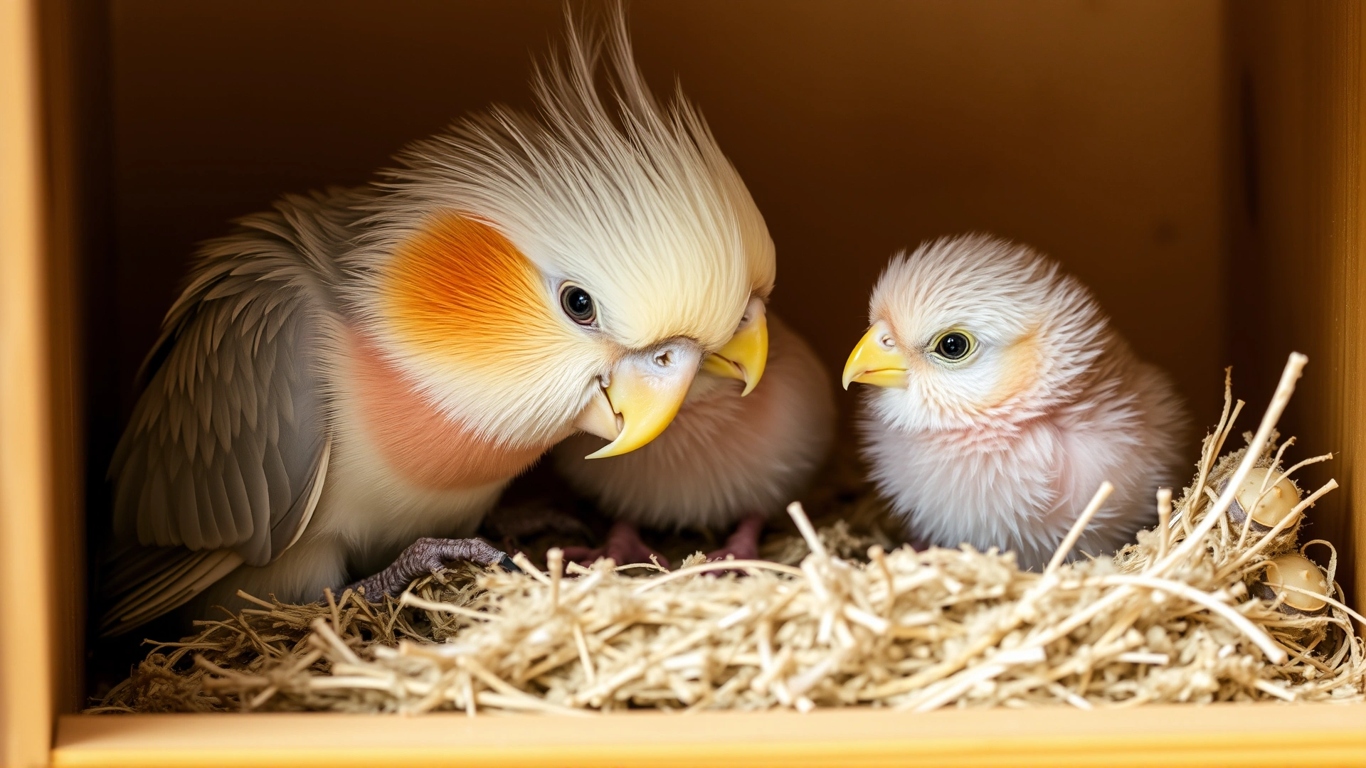 Parent cockatiels caring for two fluffy chicks inside a wooden nesting box.