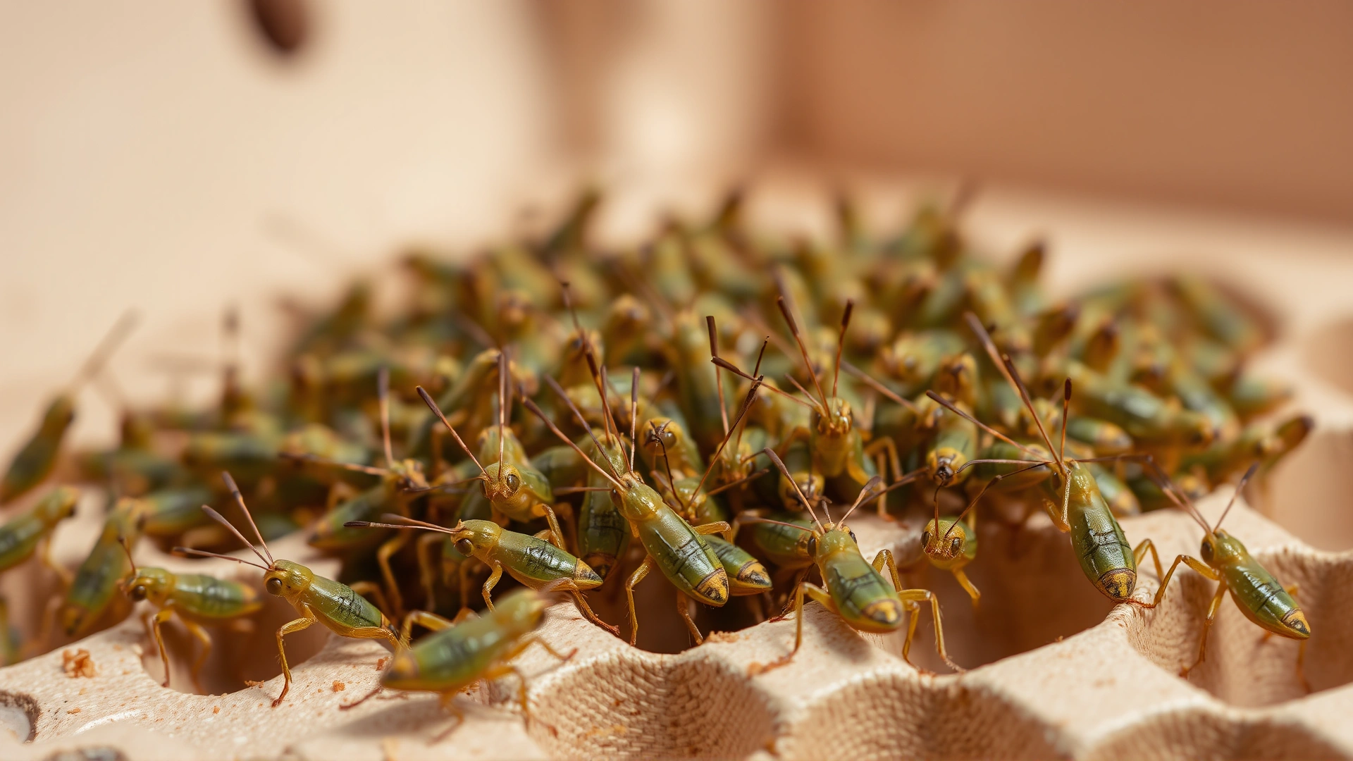 Hundreds of tiny pinhead crickets newly hatched on a piece of egg carton, crisp focus, high-resolution