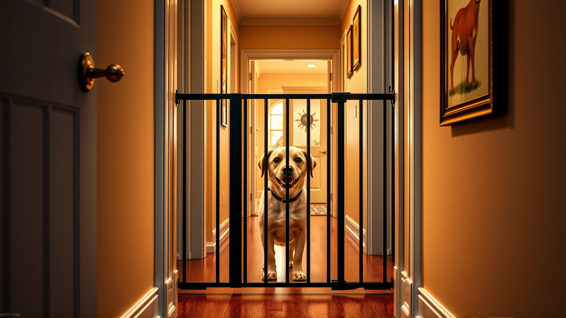 Interior hallway with a baby gate blocking an enthusiastic dog from rushing visitors, dog looking through the bars, warm home lighting, no text