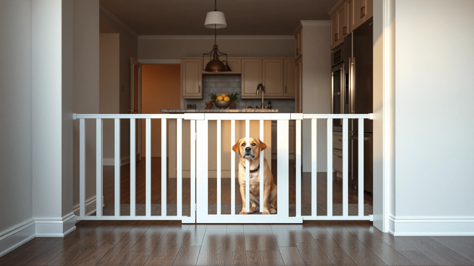 White baby gate blocking the entrance to a kitchen while a dog waits on the other side, neutral home interior.