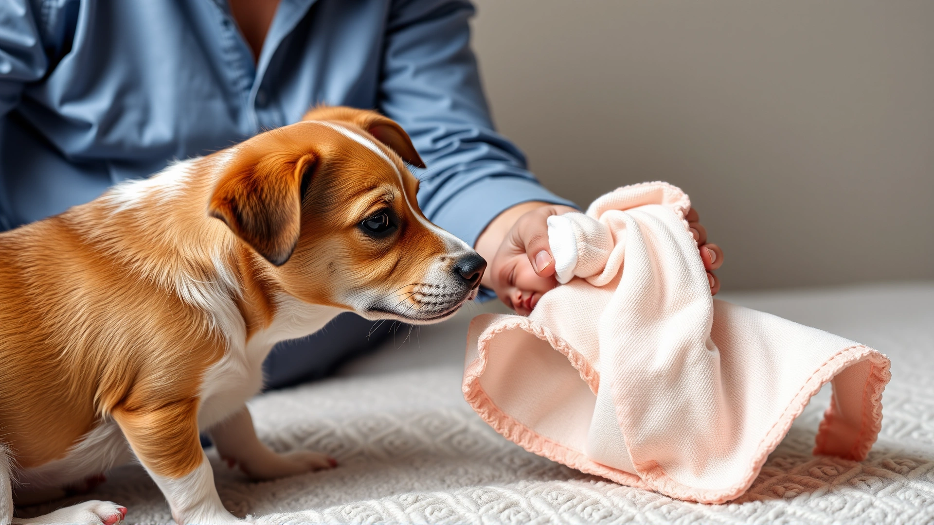 Pet owner holding out a small baby blanket for the dog to sniff, introducing the newborn's scent