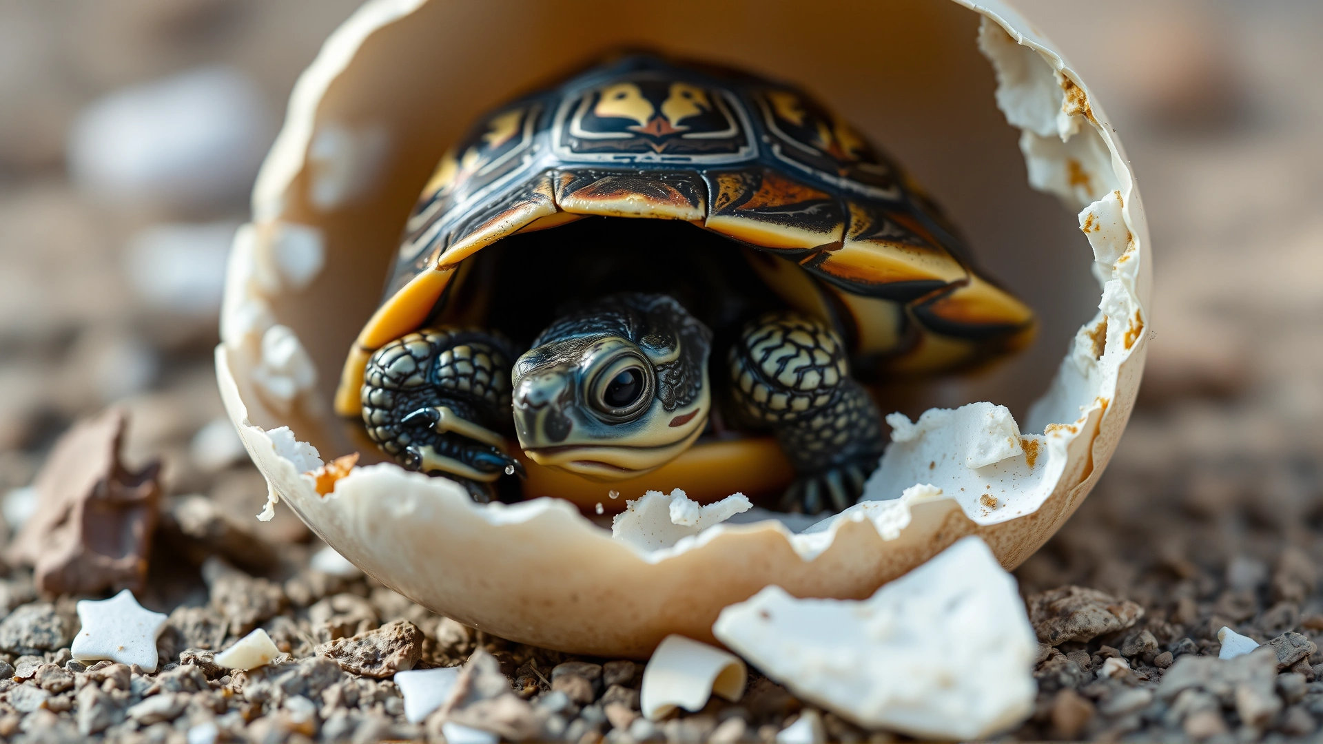 Newly hatched turtle breaking out of egg shell, fragments around, gentle natural lighting, macro, high-resolution, no text