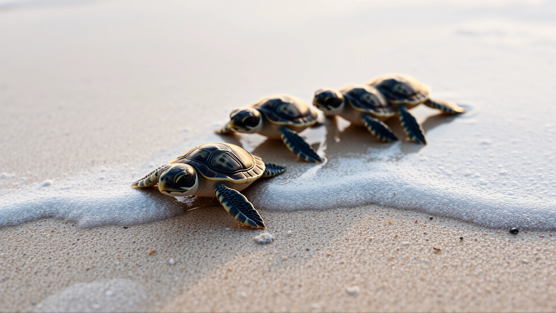 Group of hatchling turtles on sandy beach crawling toward water under soft morning light