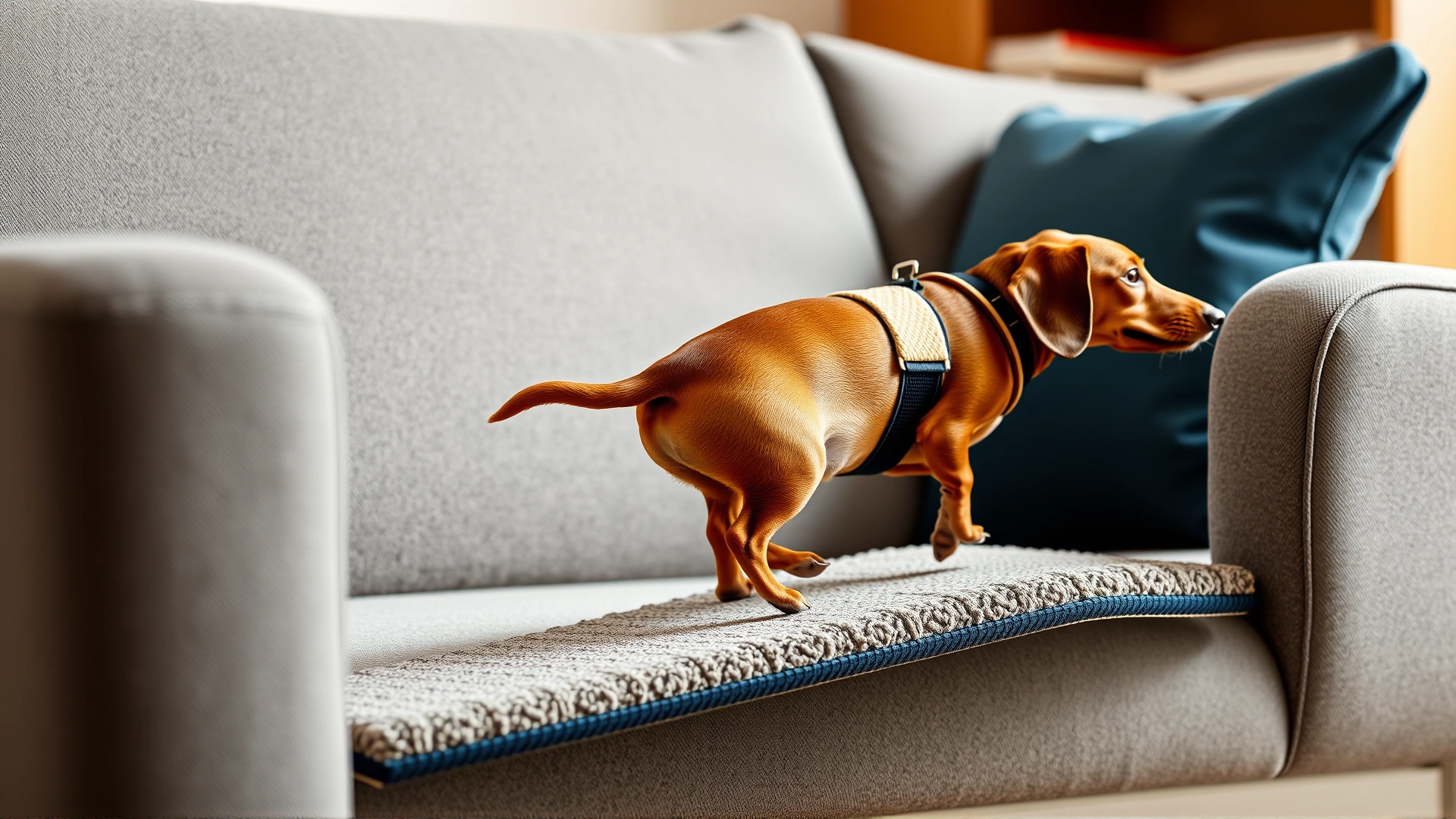 Dachshund wearing a padded harness while walking up a carpeted ramp onto a sofa, demonstrating proper back support