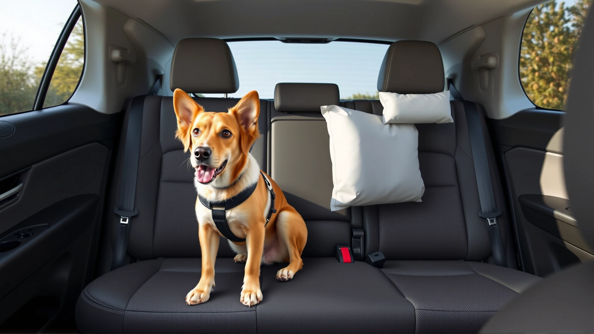 Interior shot emphasizing the recommended placement: a mid-size dog secured in the middle of the rear bench seat, airbags labels visible on the front seat backs.