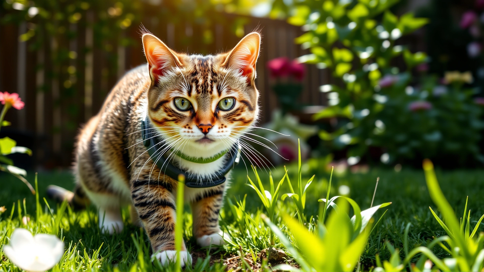 Cat wearing flea and tick prevention collar exploring a well-maintained backyard garden, sunny morning.