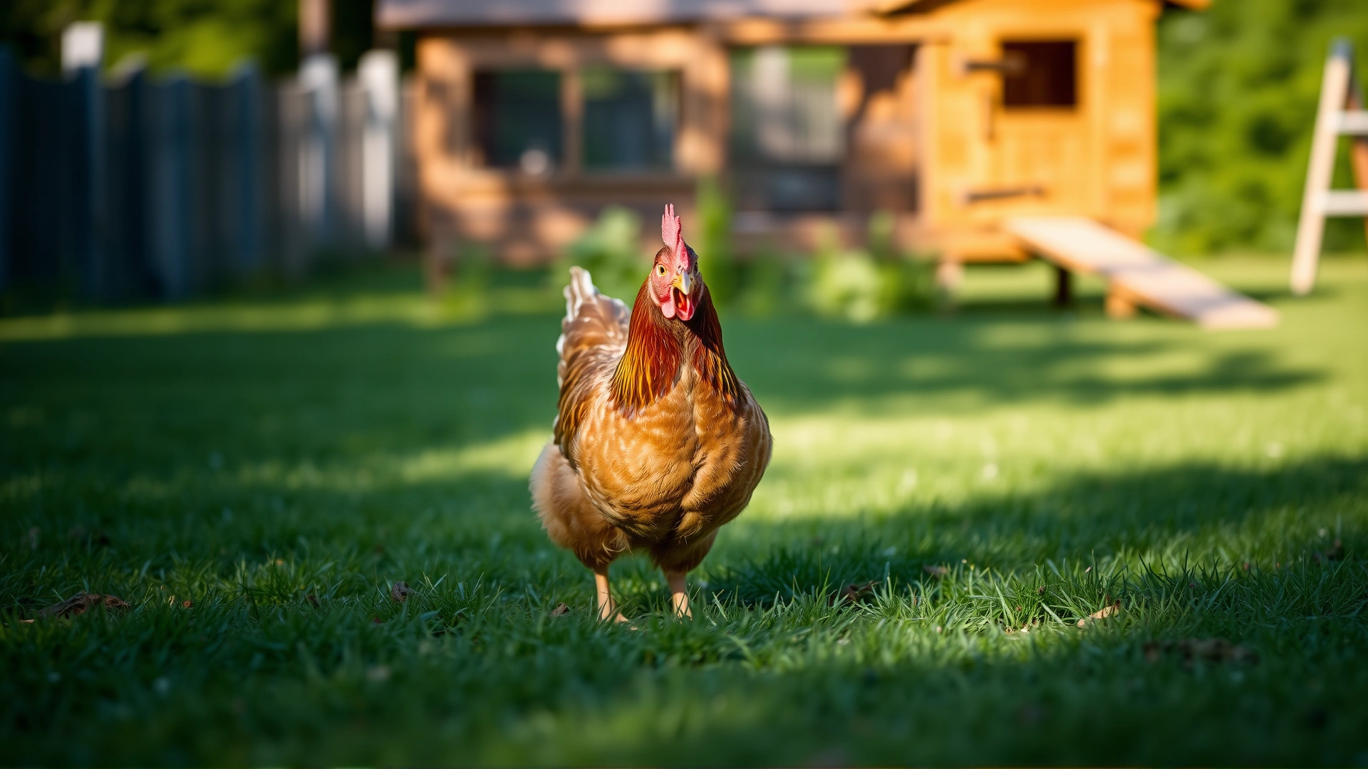 Brown hen walking on green grass in a sunny backyard with a wooden coop blurred in the background