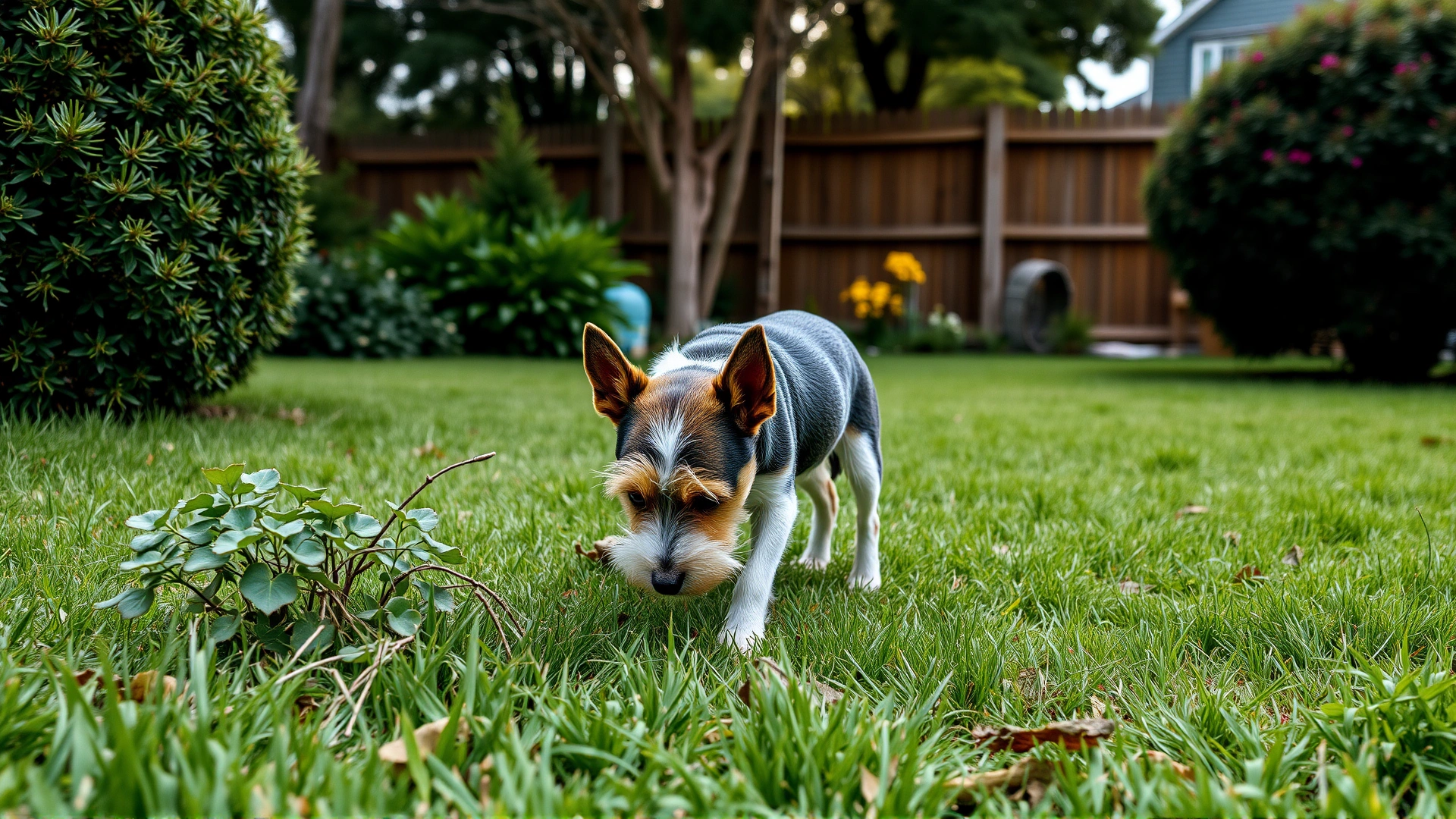 Small terrier sniffing around a suburban backyard with bushes, trees, and a wooden fence.