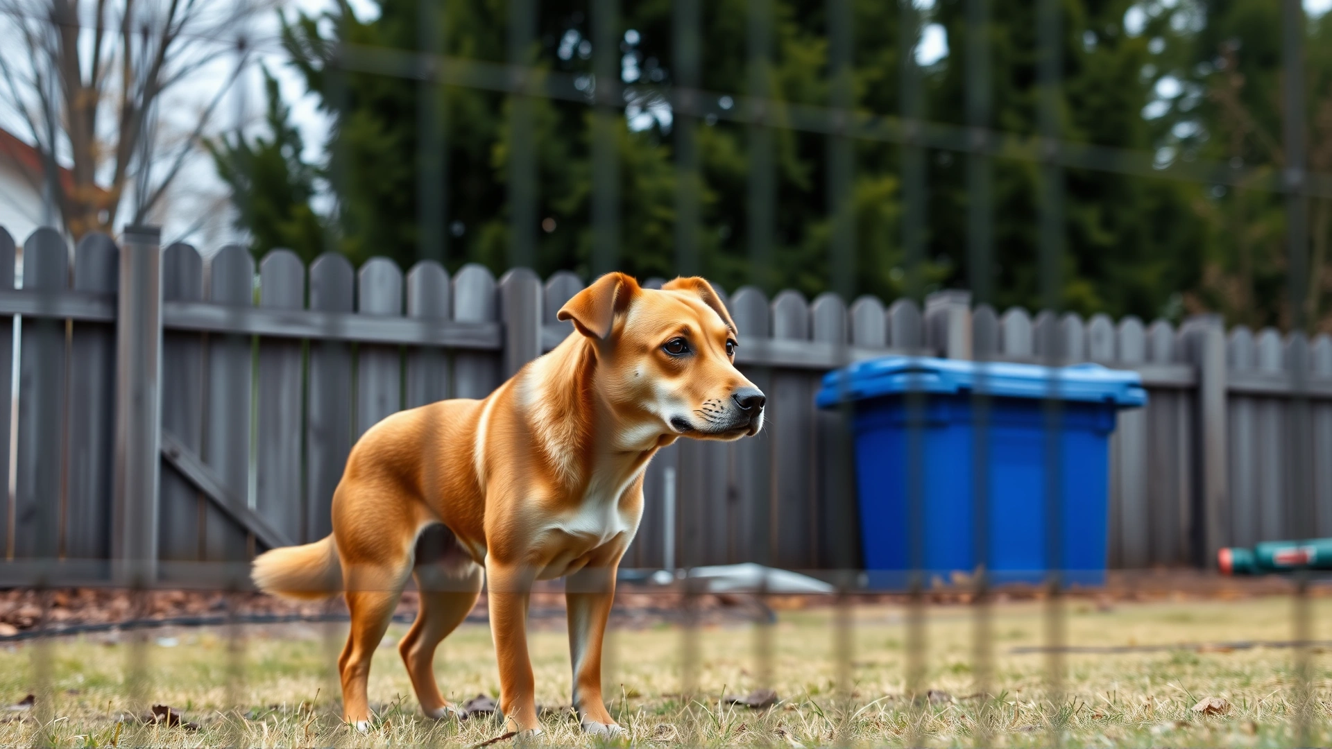 Medium-sized dog standing alone in a fenced backyard looking bored and staring through the fence, overcast lighting, no text