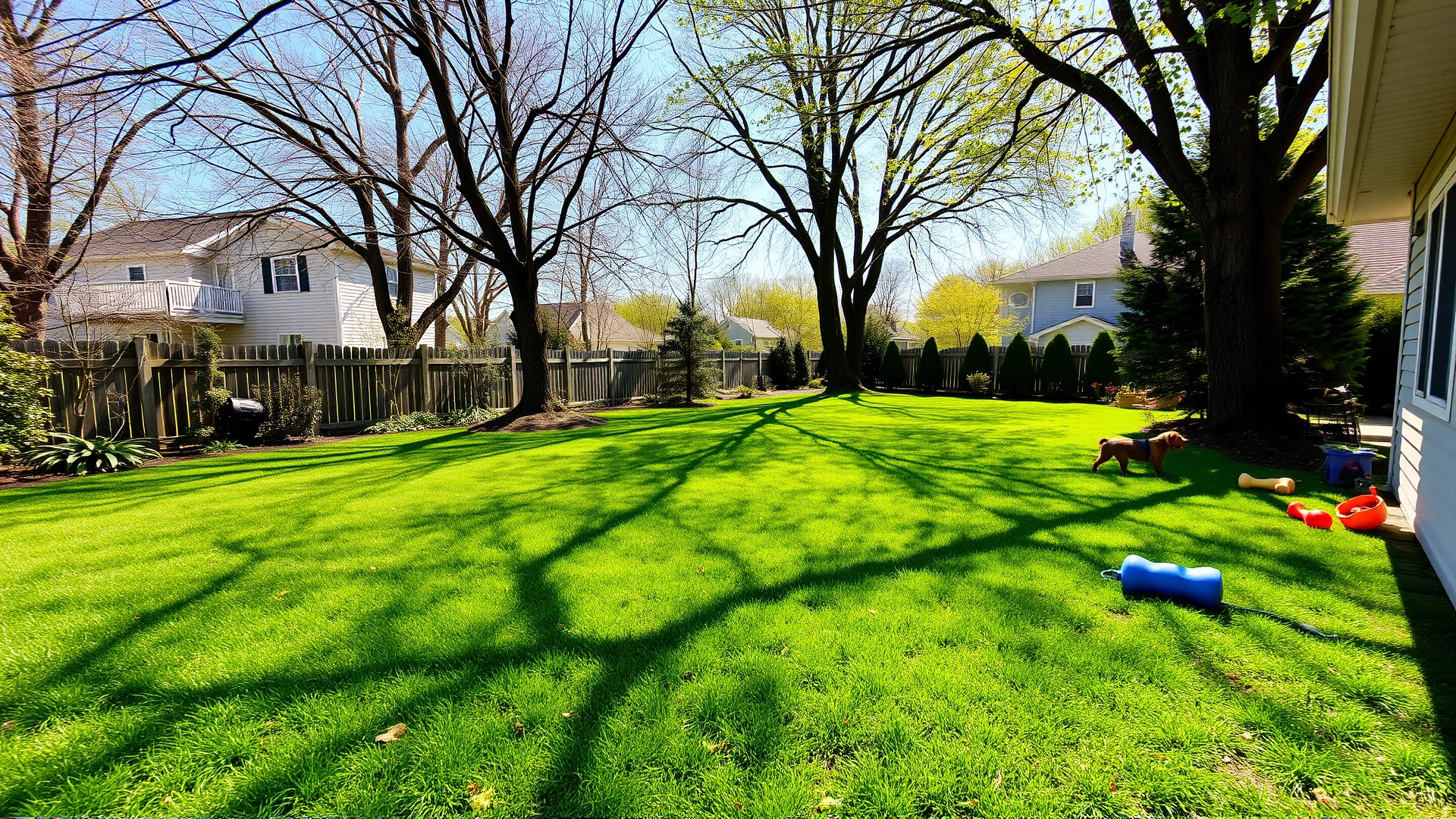 Wide shot of a cozy suburban backyard with lush green grass, trees, and dog toys scattered around, photographed on a bright spring day.