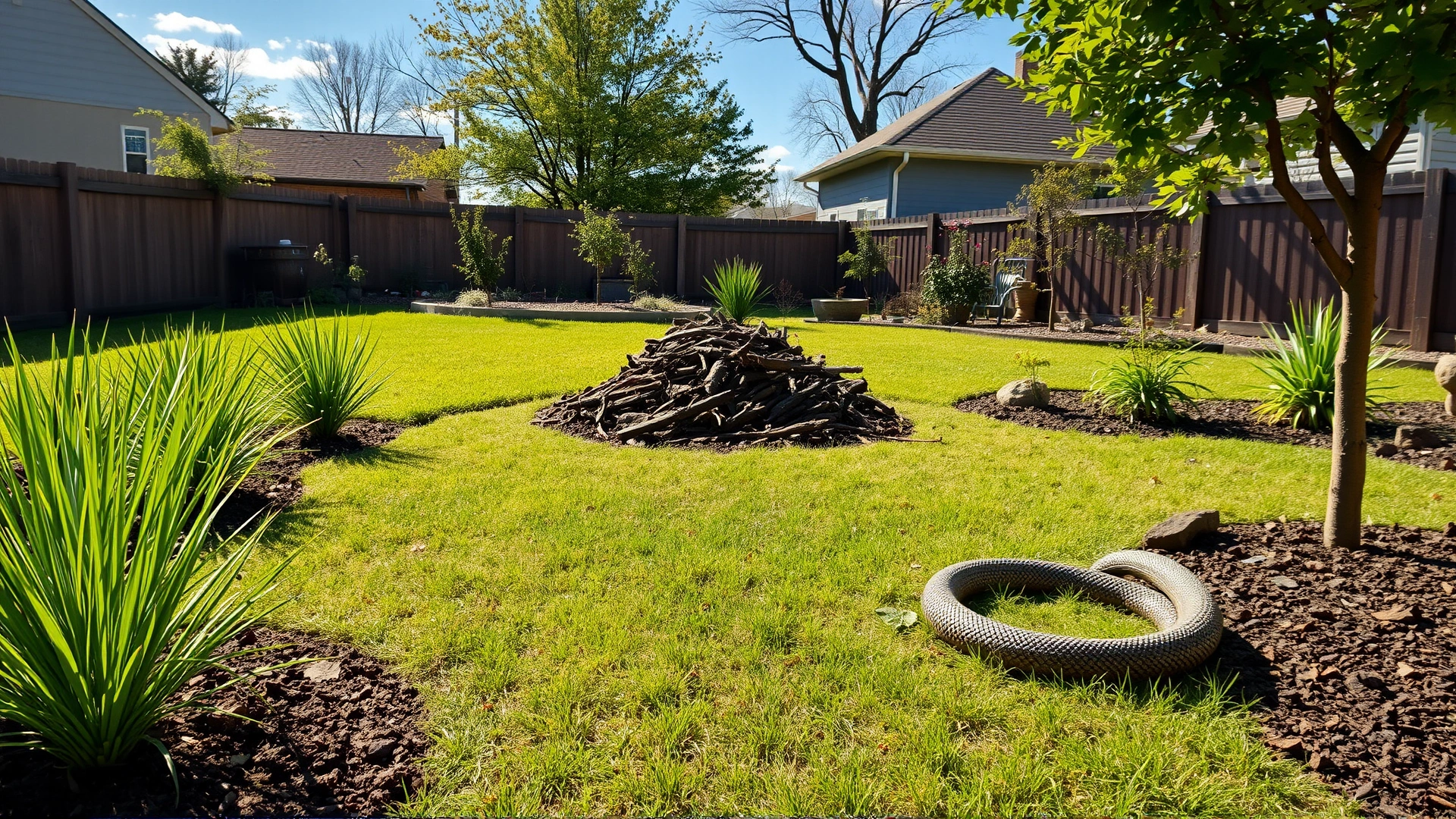 Backyard scene with neatly trimmed grass and removed debris piles to illustrate a snake-safe environment, sunny day, no text