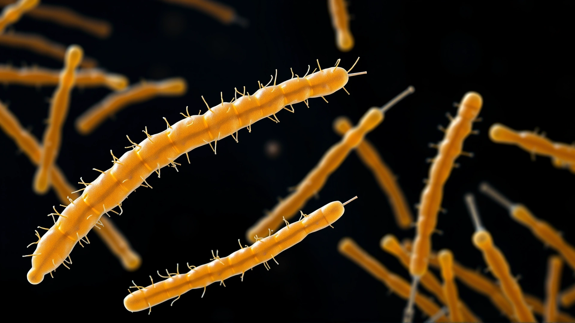 Microscopic illustration of rod-shaped anaerobic bacteria on a dark background, vivid colors, no text.