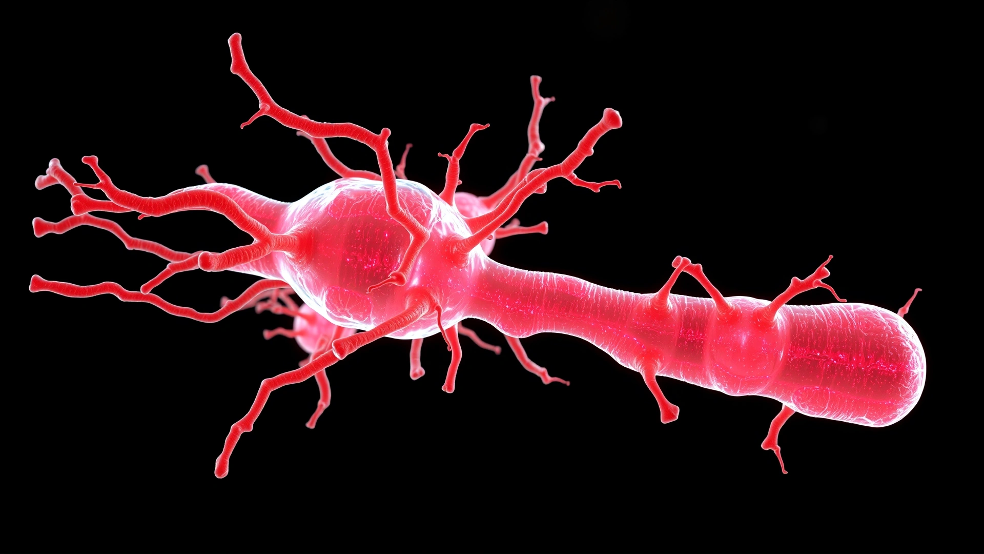 3D medical illustration of Clostridium tetani bacteria on a dark background, high detail, neon colors highlighting bacterial structure, no text