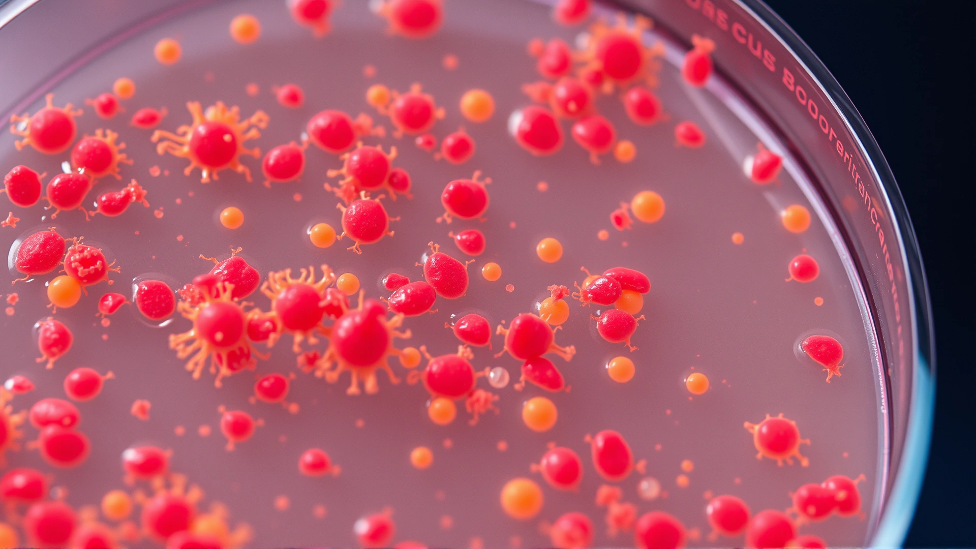 Close-up of a laboratory petri dish containing staphylococcus aureus bacterial colonies on agar, vivid colors