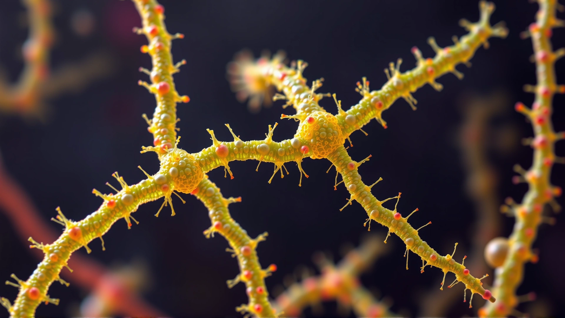 Microscopic view of Dermatophilus congolensis bacteria forming branching filaments, vibrant colors, high resolution