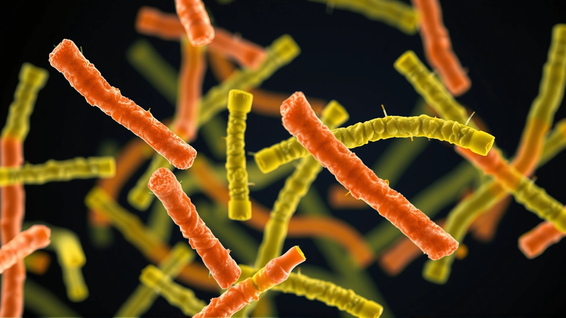 Microscopic, false-color illustration showing rod-shaped Clostridium piliforme bacteria against a dark background