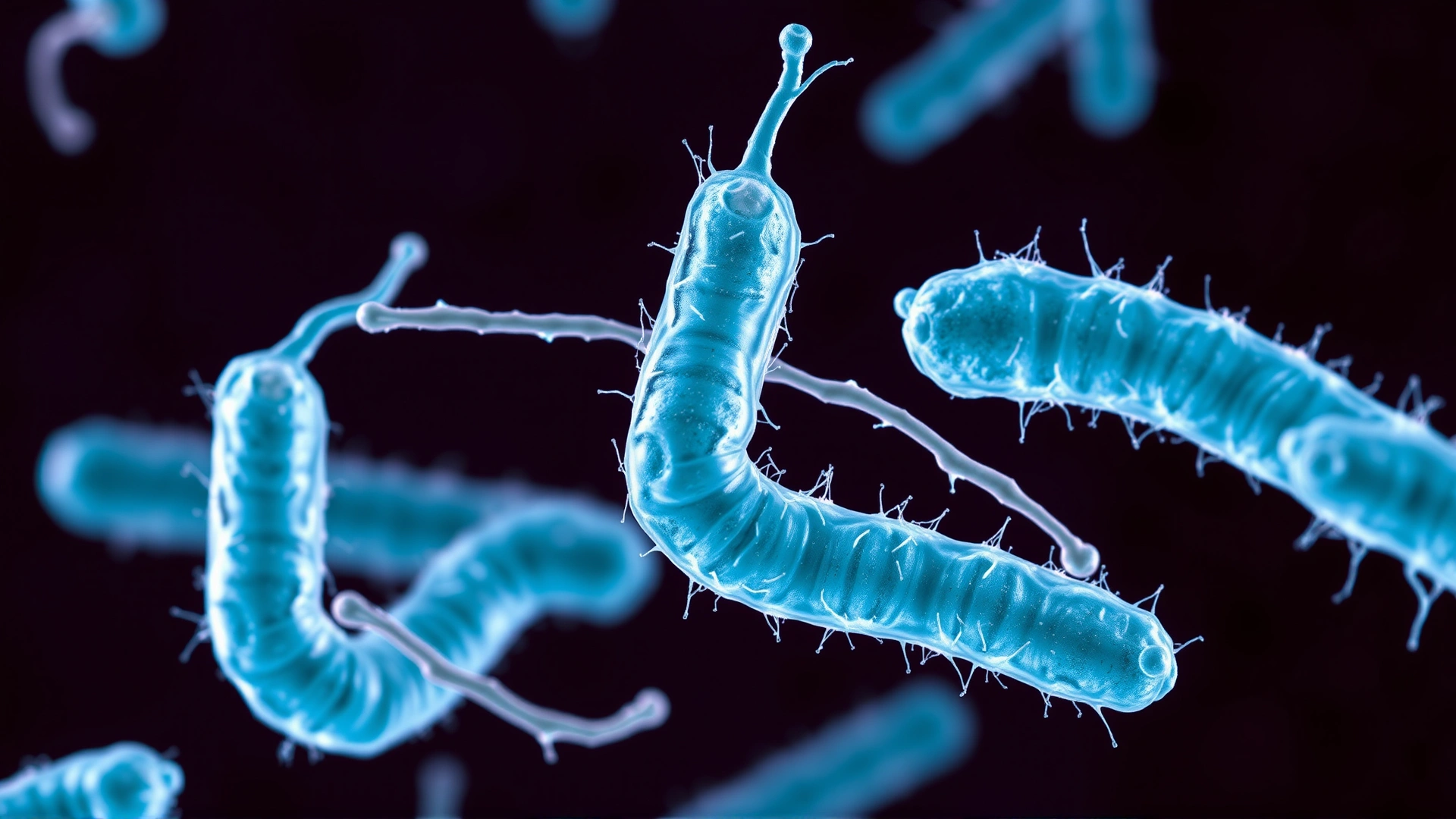 High magnification microscopic view of Clostridium piliforme bacteria (rod-shaped), stylized scientific illustration, no text