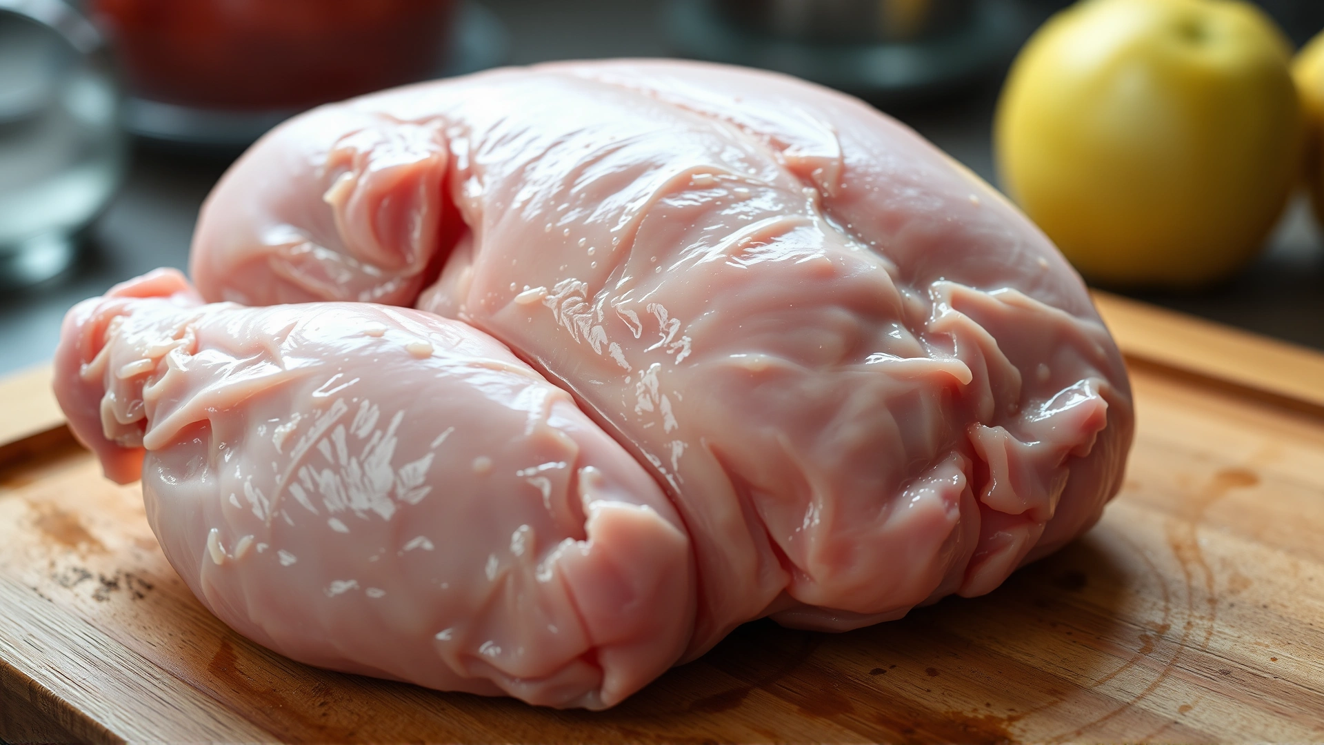 Macro photo of raw chicken on a wooden cutting board, with subtle colored lighting hinting at microscopic bacteria presence (no text)