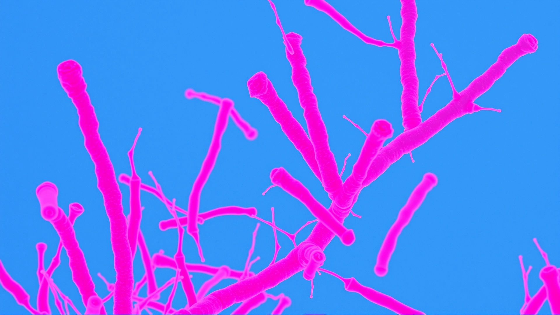 Microscopic view of Mycobacterium bacteria stained with Ziehl-Neelsen method, showing bright pink rods against a blue background