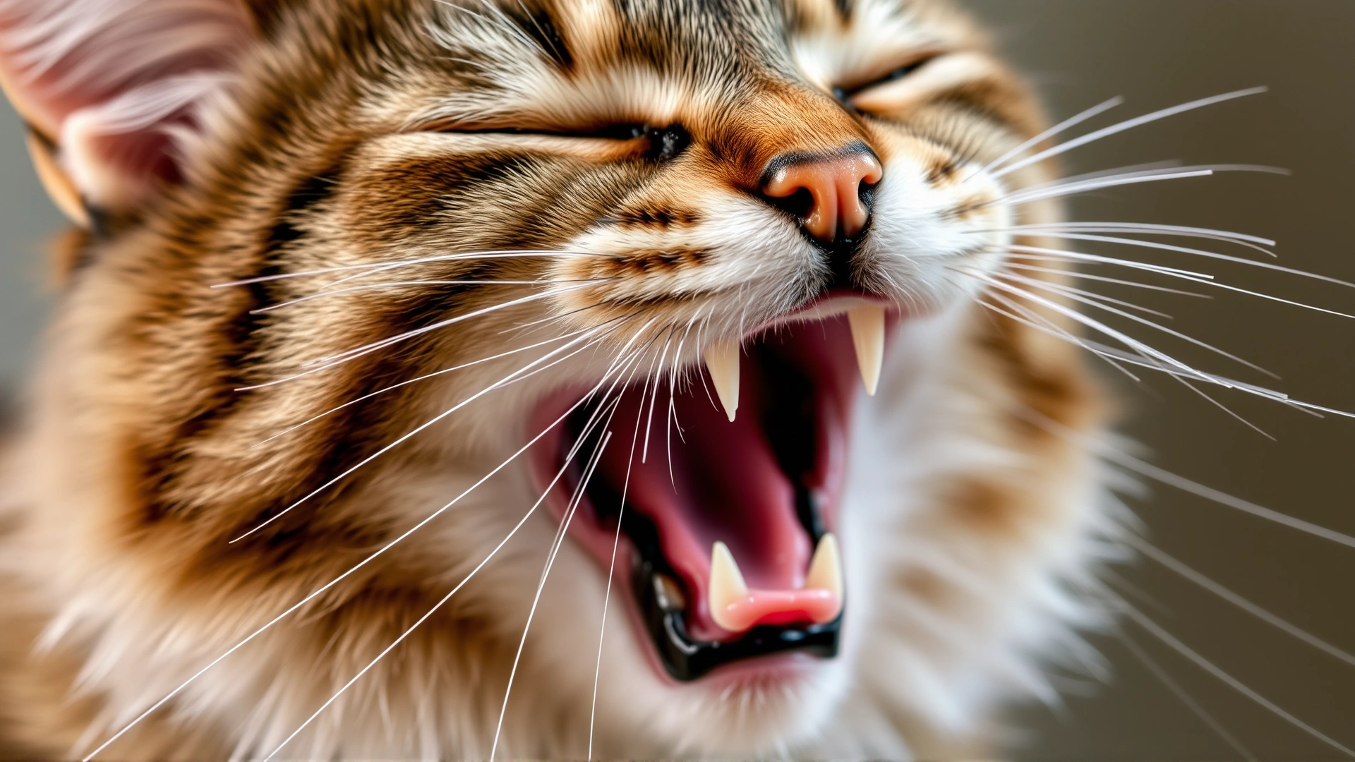 Close-up of a tabby cat yawning, emphasizing unpleasant breath with subtle visual cues