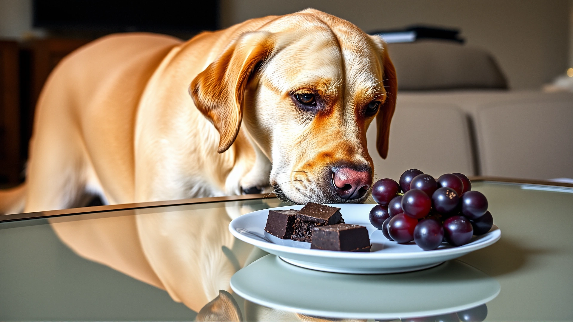 A curious labrador sniffing a plate of chocolate and grapes on a coffee table.