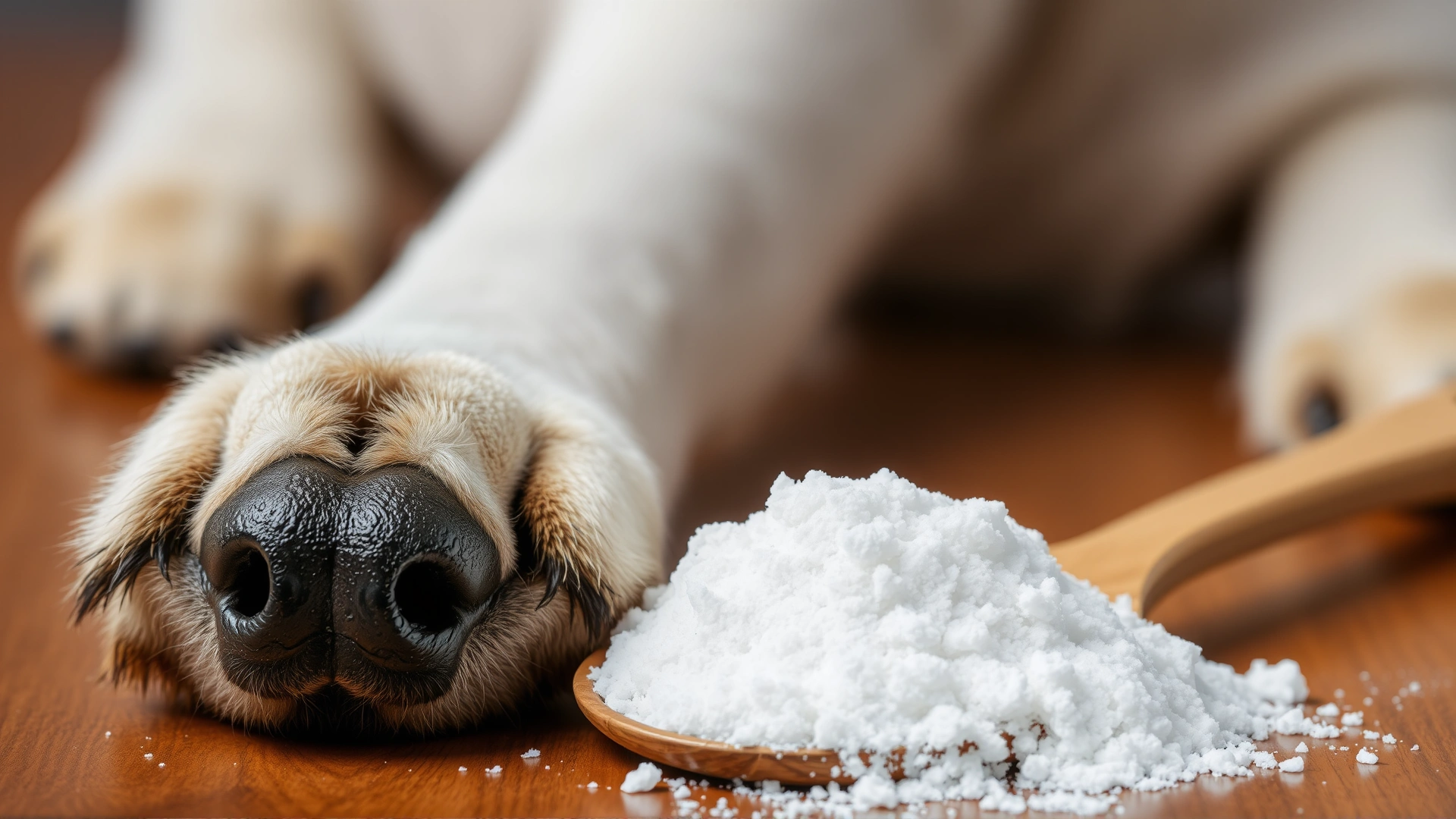 Close-up view of a dog's paw next to a wooden spoon heaped with baking soda on a wooden table.