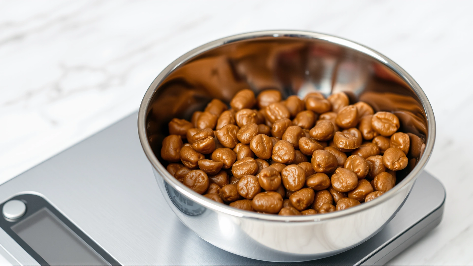 A measured portion of wet cat food in a stainless-steel bowl placed on a digital kitchen scale, highlighting precise feeding.