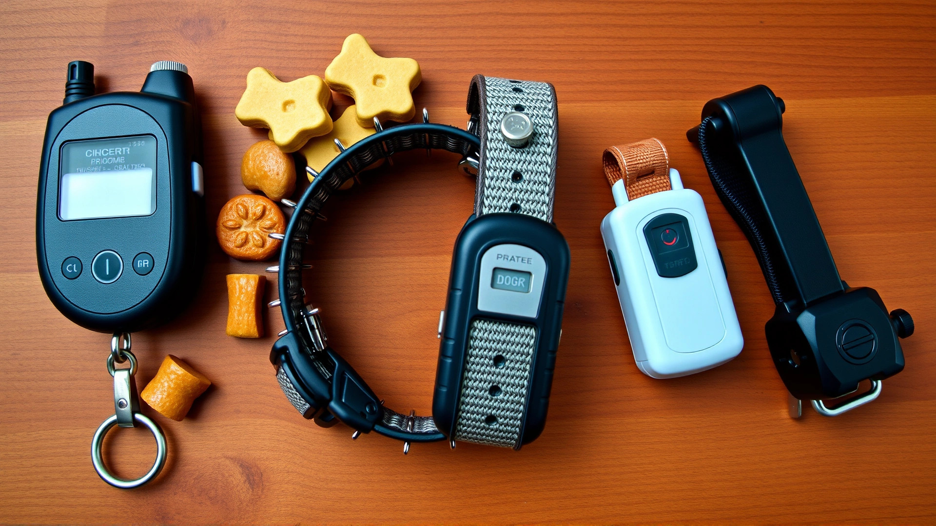 Illustrative photo showing various dog training tools laid on a wooden surface: a clicker, tasty treats, a prong collar, and an e-collar, arranged neatly for comparison.