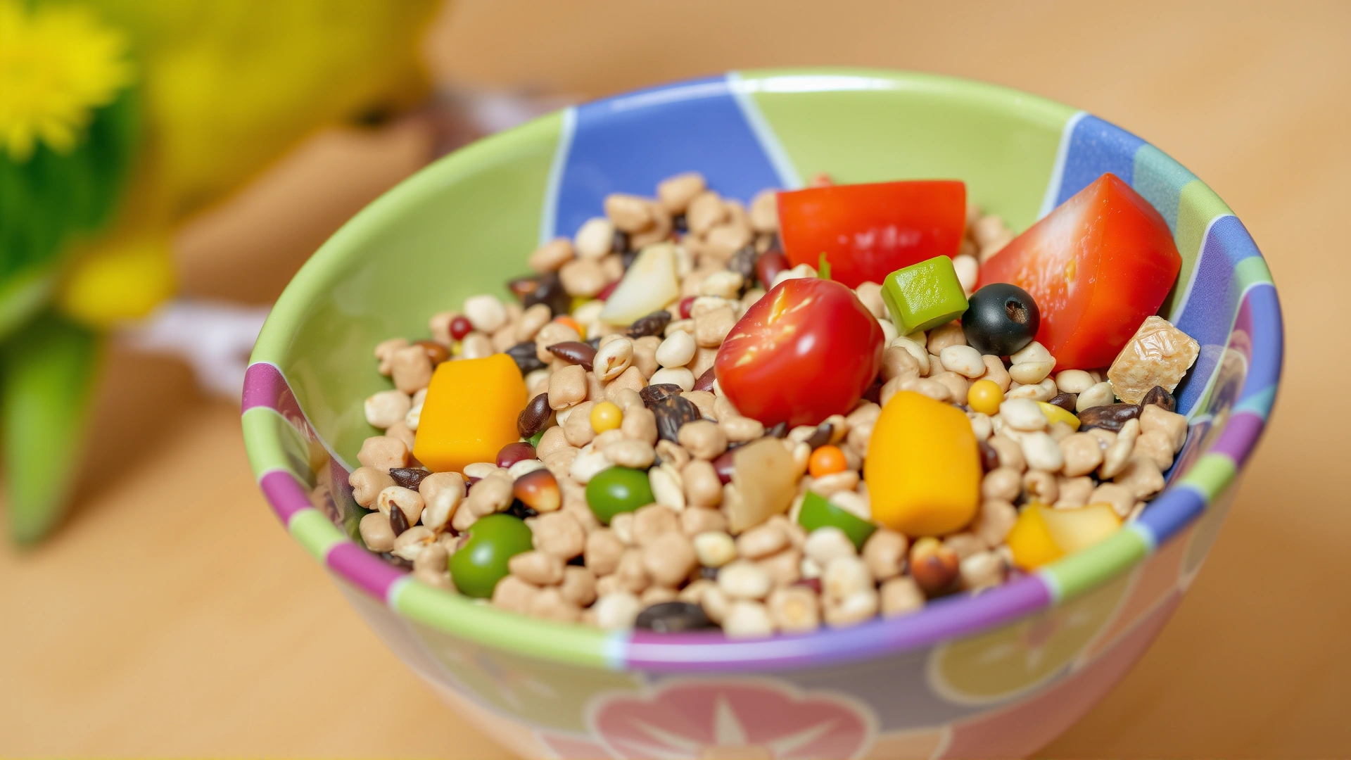 A colorful bowl containing a balanced mix of pellets, fresh fruits, vegetables, and seeds suitable for pet birds.