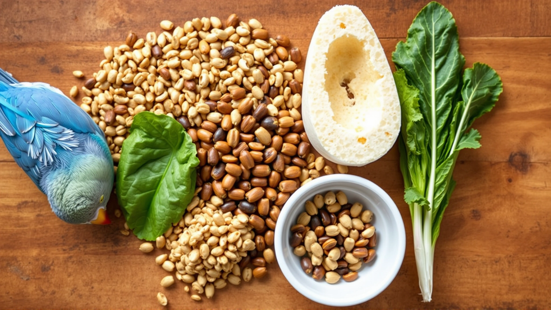 Top view of a variety of healthy bird foods: high-quality pellets, fresh leafy greens, cuttlebone, and a small dish of mixed seeds neatly arranged on a wooden surface, vibrant colors, no text