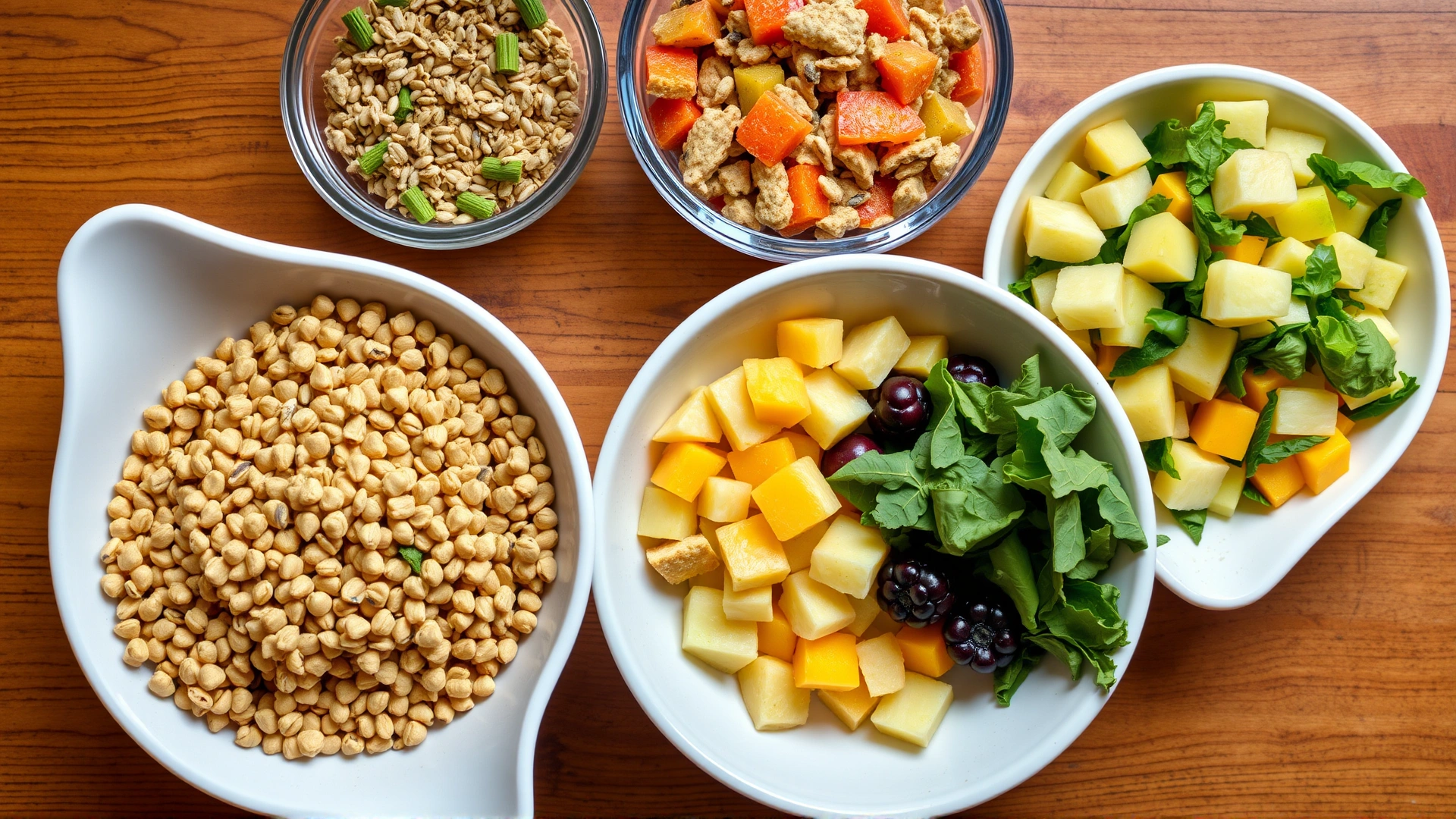 A colorful flat-lay of bowls containing parakeet pellets, mixed seeds, chopped leafy greens, and diced fruit on a wooden table